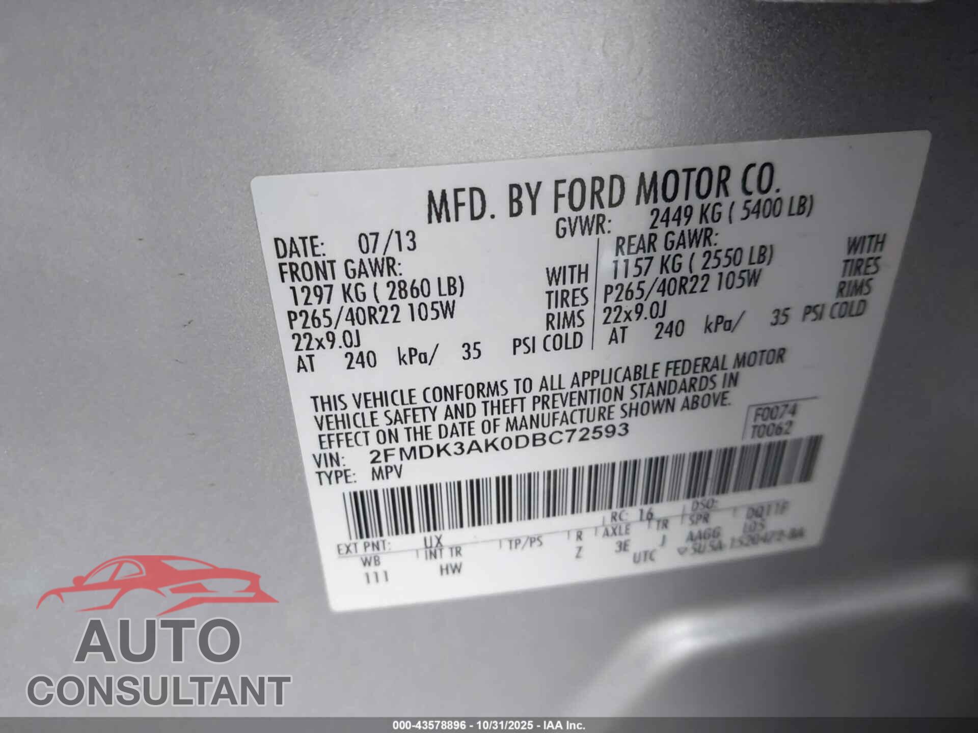 FORD EDGE 2013 - 2FMDK3AK0DBC72593