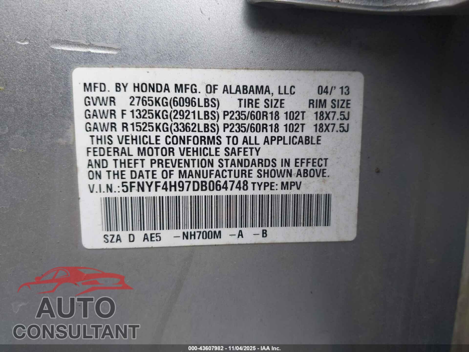 HONDA PILOT 2013 - 5FNYF4H97DB064748