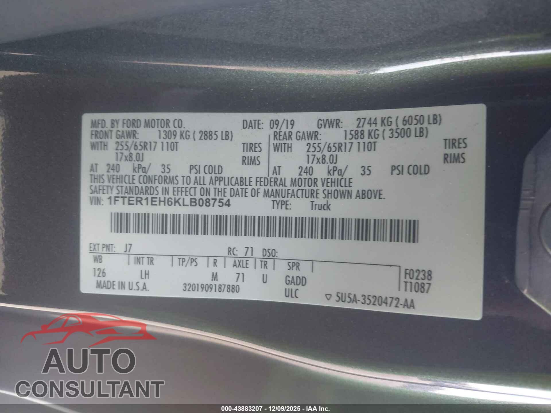 FORD RANGER 2019 - 1FTER1EH6KLB08754