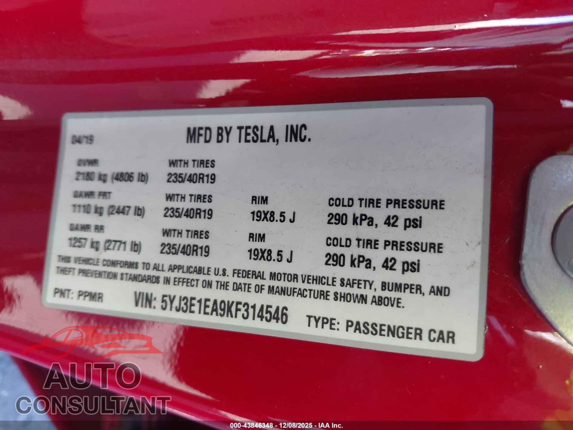 TESLA MODEL 3 2019 - 5YJ3E1EA9KF314546