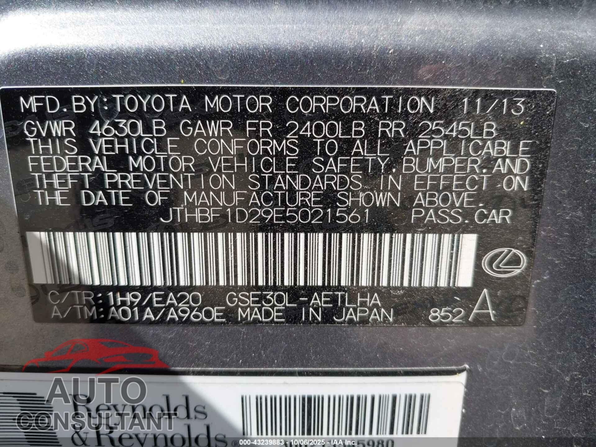 LEXUS IS 250 2014 - JTHBF1D29E5021561