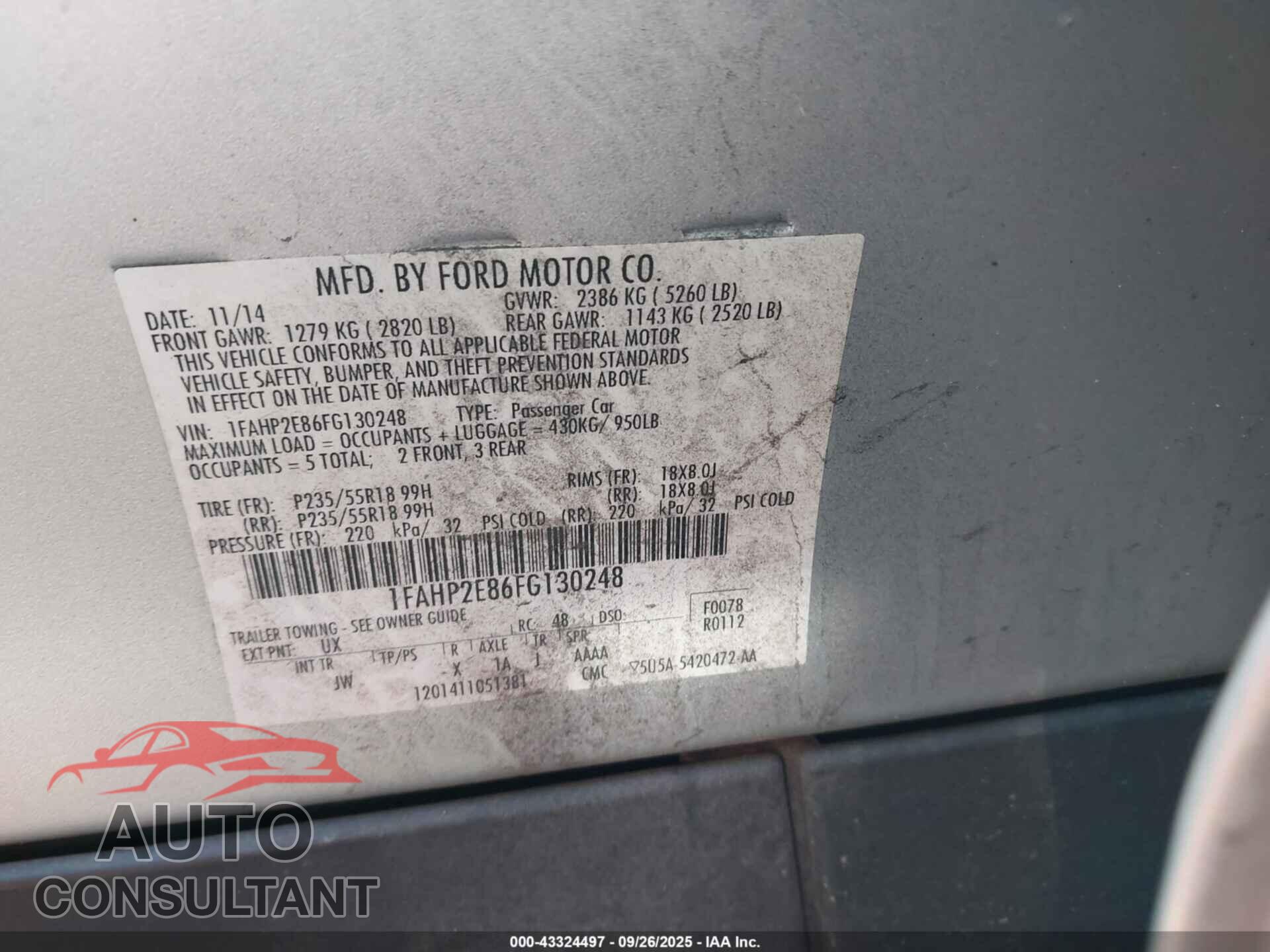 FORD TAURUS 2015 - 1FAHP2E86FG130248