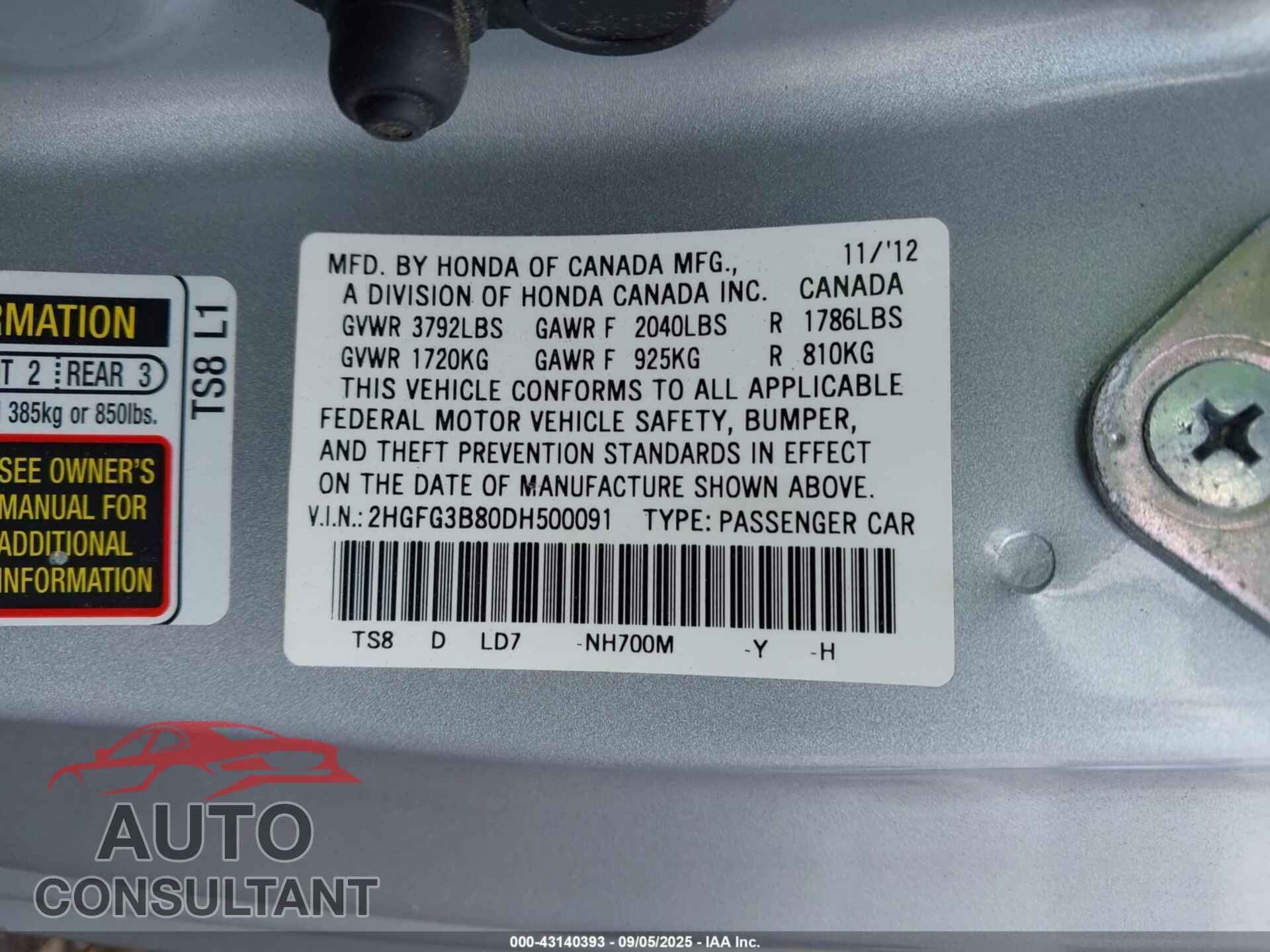 HONDA CIVIC 2013 - 2HGFG3B80DH500091