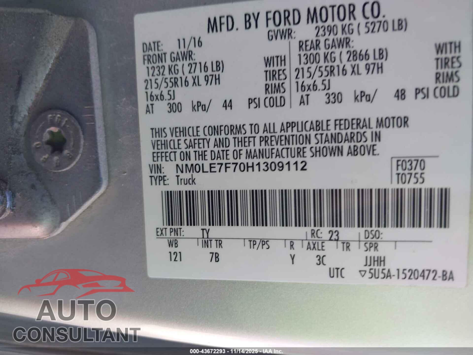 FORD TRANSIT CONNECT 2017 - NM0LE7F70H1309112
