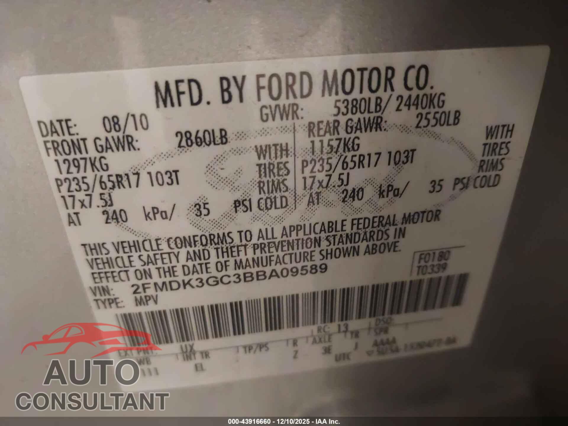 FORD EDGE 2011 - 2FMDK3GC3BBA09589