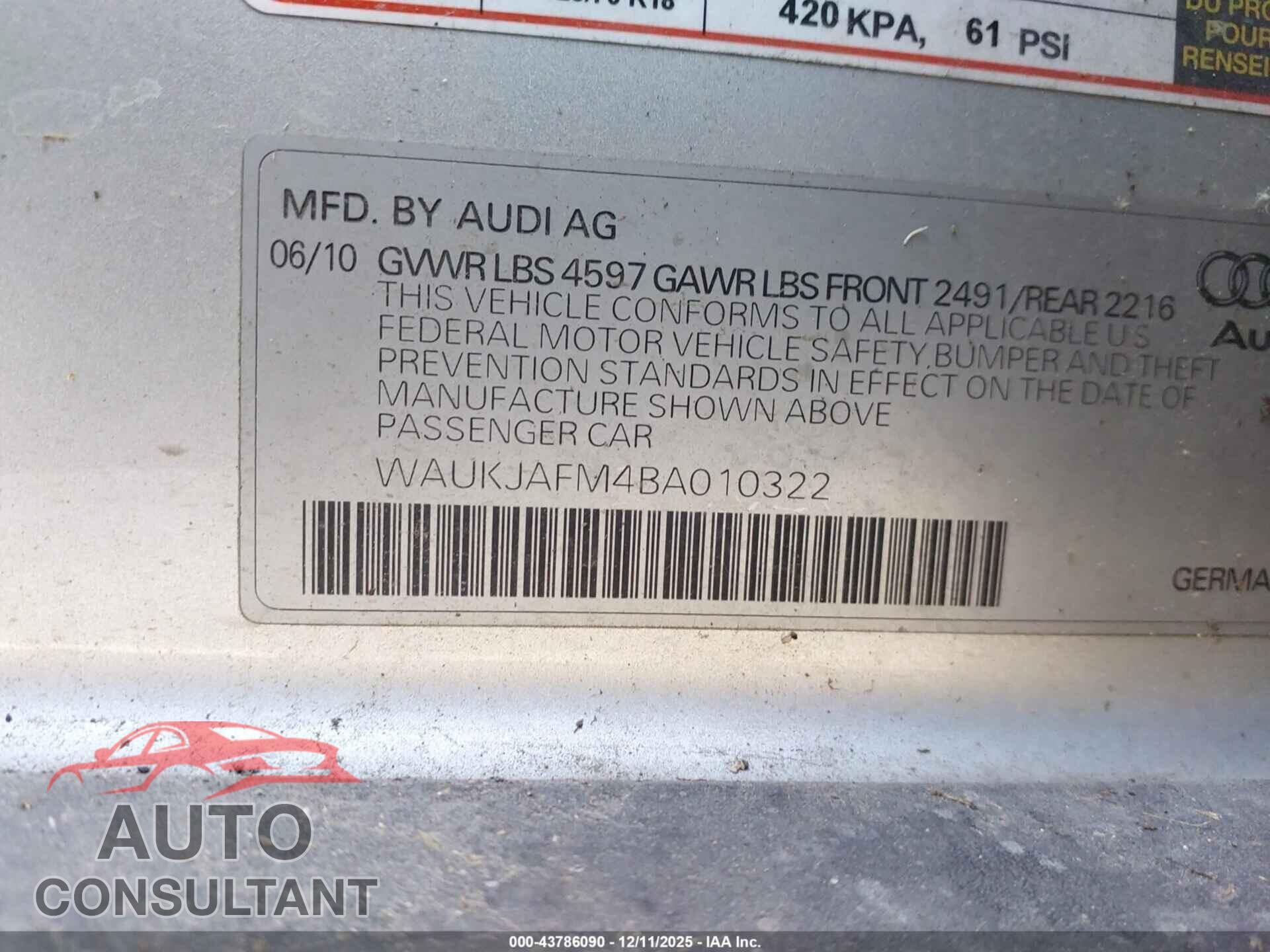AUDI A3 2011 - WAUKJAFM4BA010322