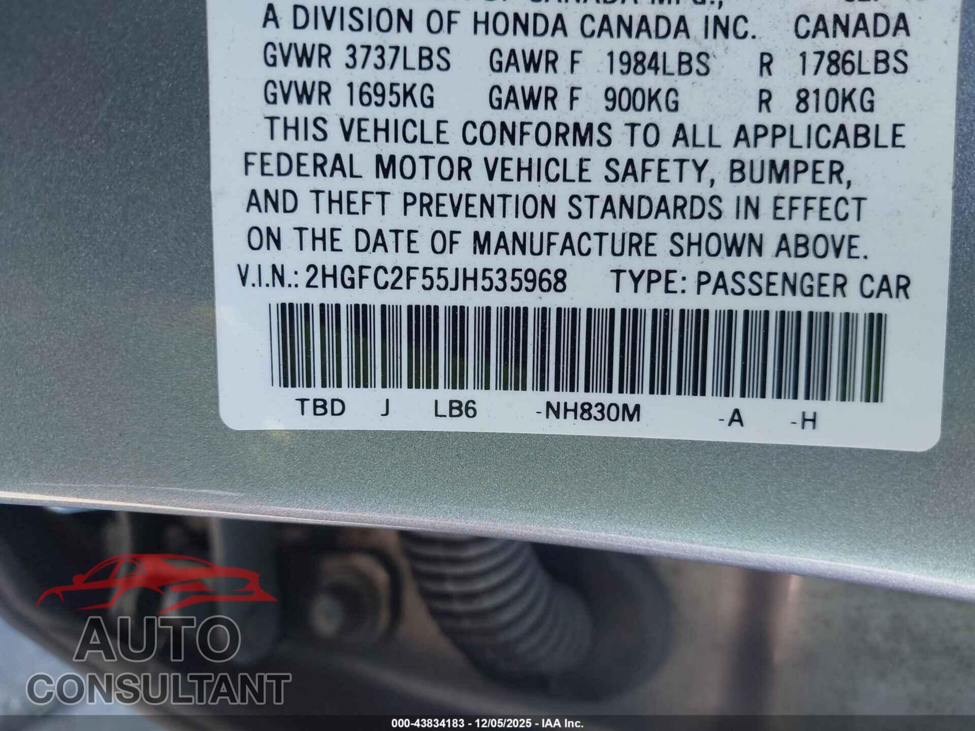 HONDA CIVIC 2018 - 2HGFC2F55JH535968
