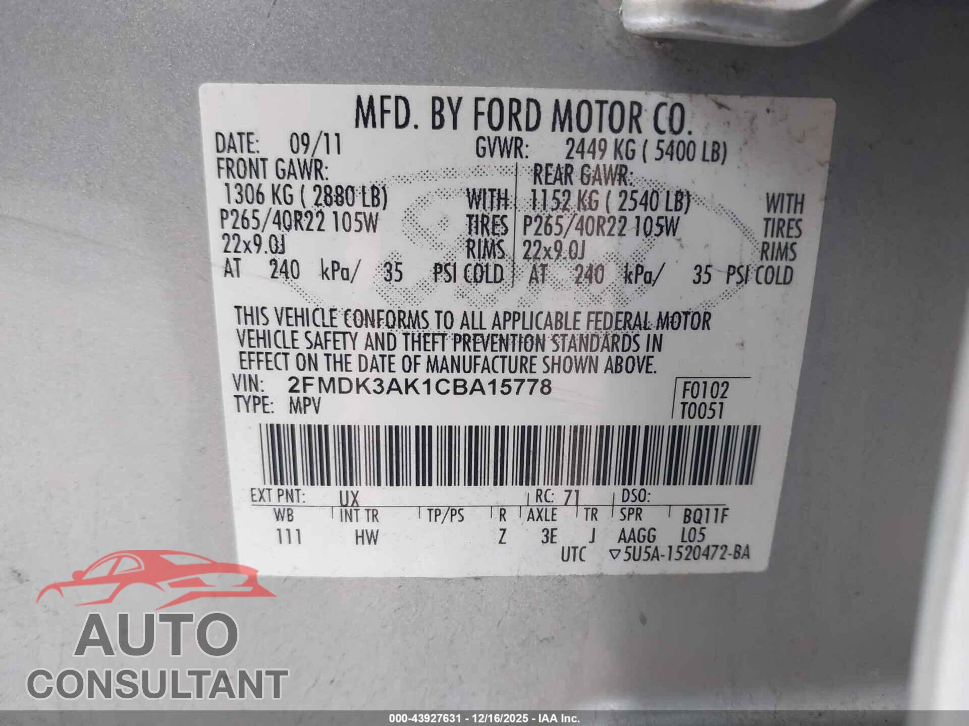 FORD EDGE 2012 - 2FMDK3AK1CBA15778