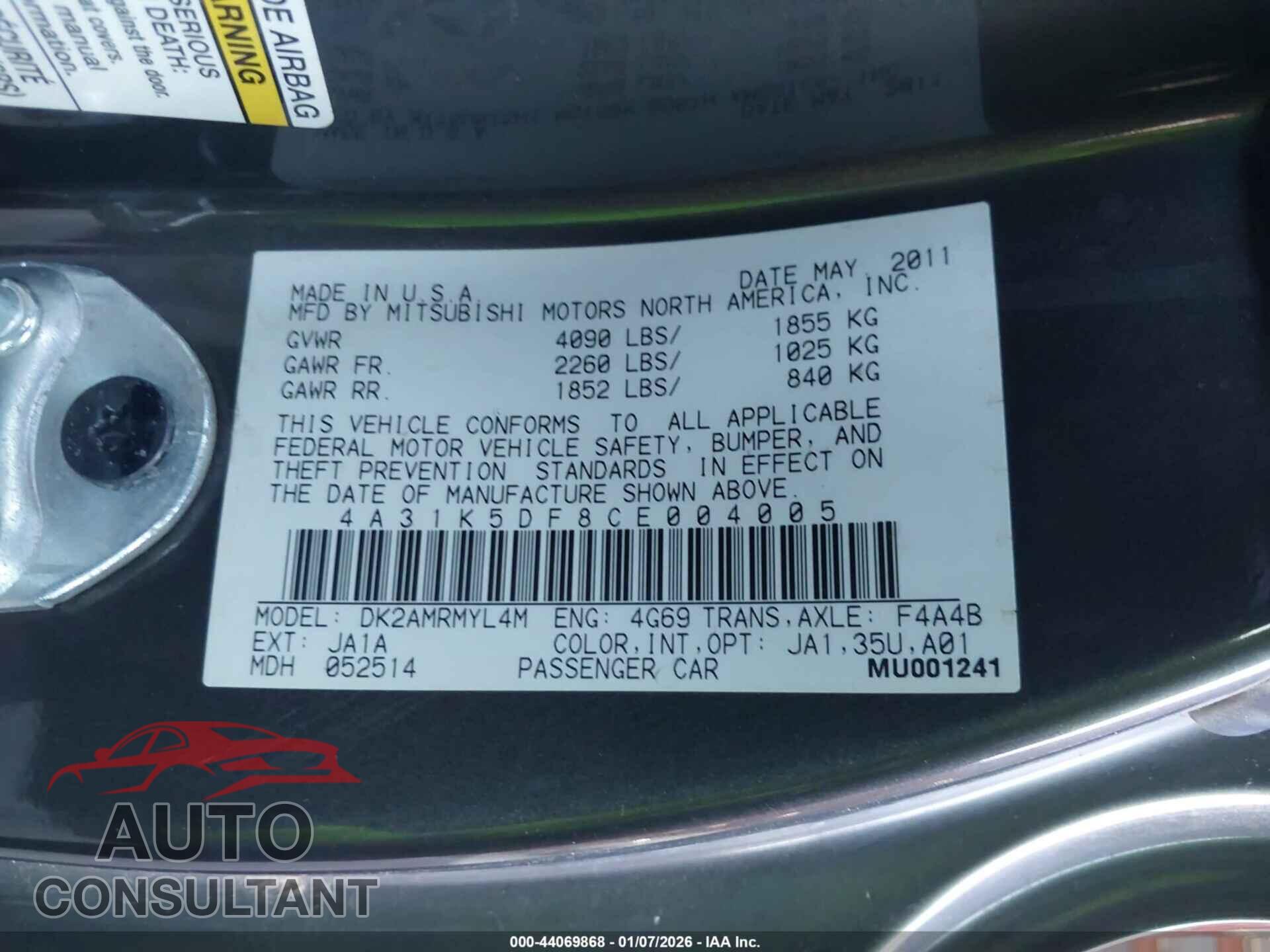 MITSUBISHI ECLIPSE 2012 - 4A31K5DF8CE004005