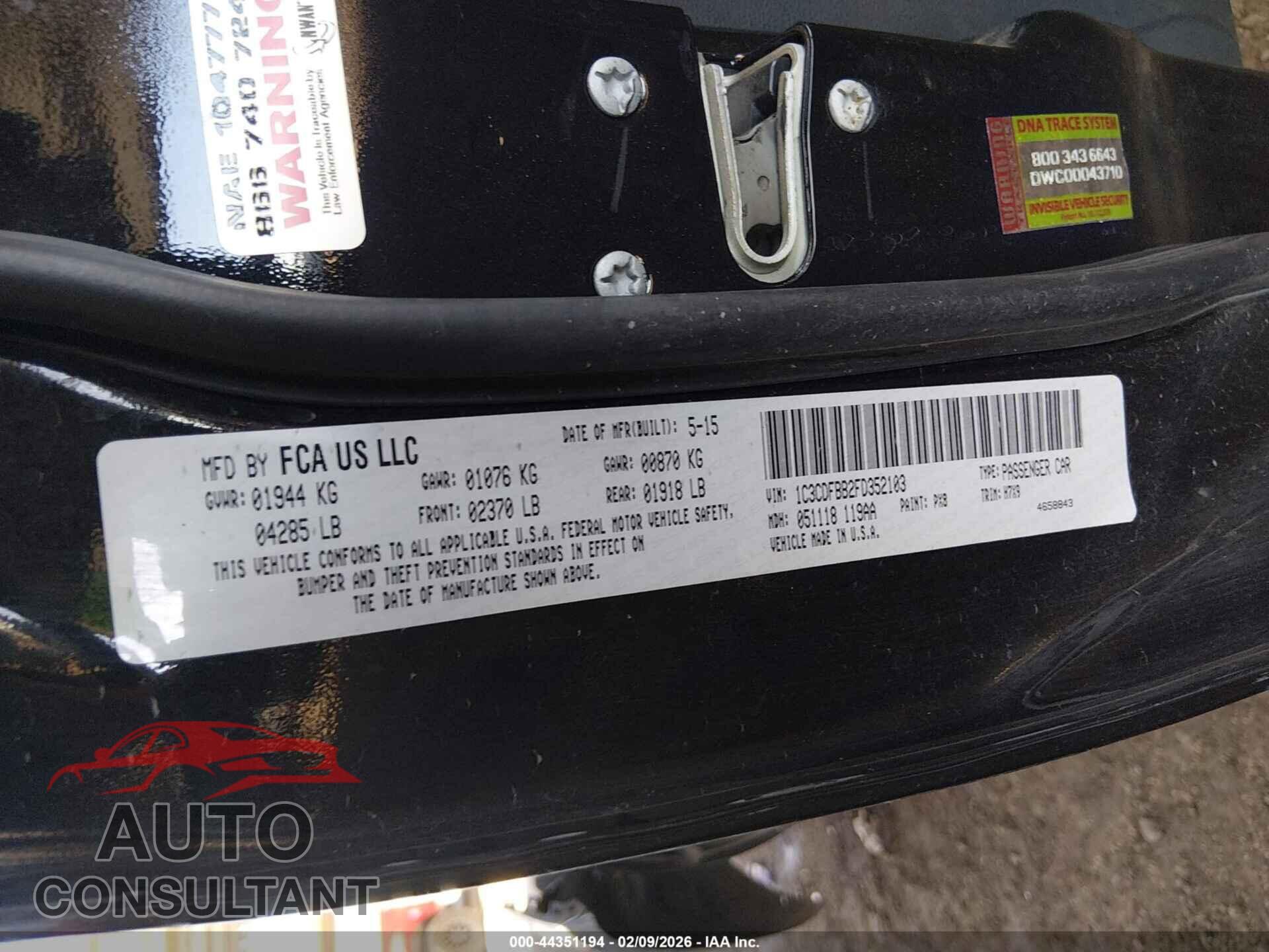 DODGE DART 2015 - 1C3CDFBB2FD352103