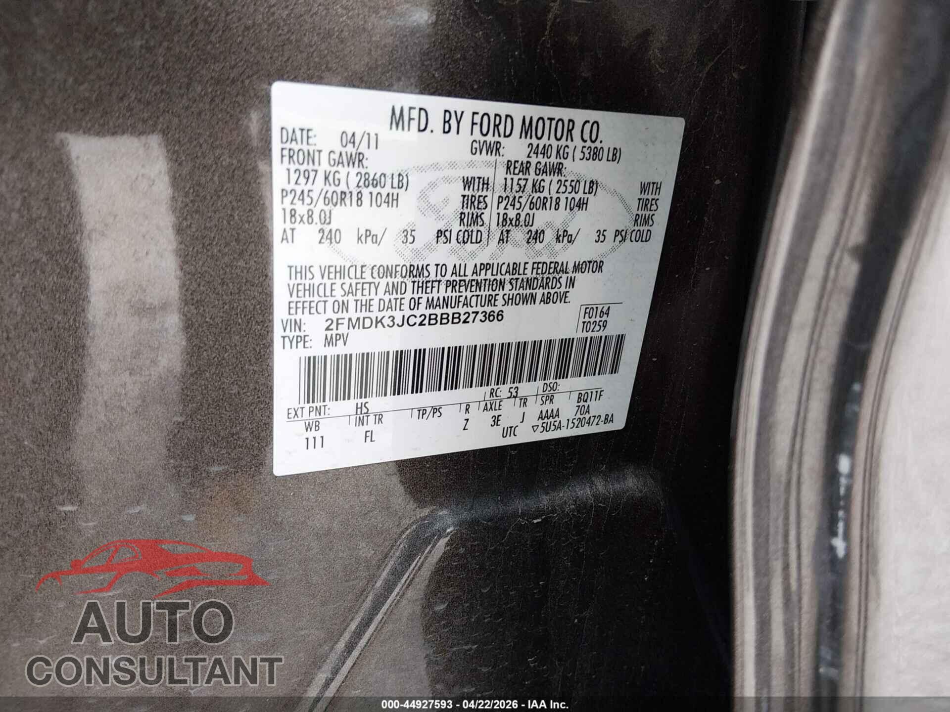 FORD EDGE 2011 - 2FMDK3JC2BBB27366