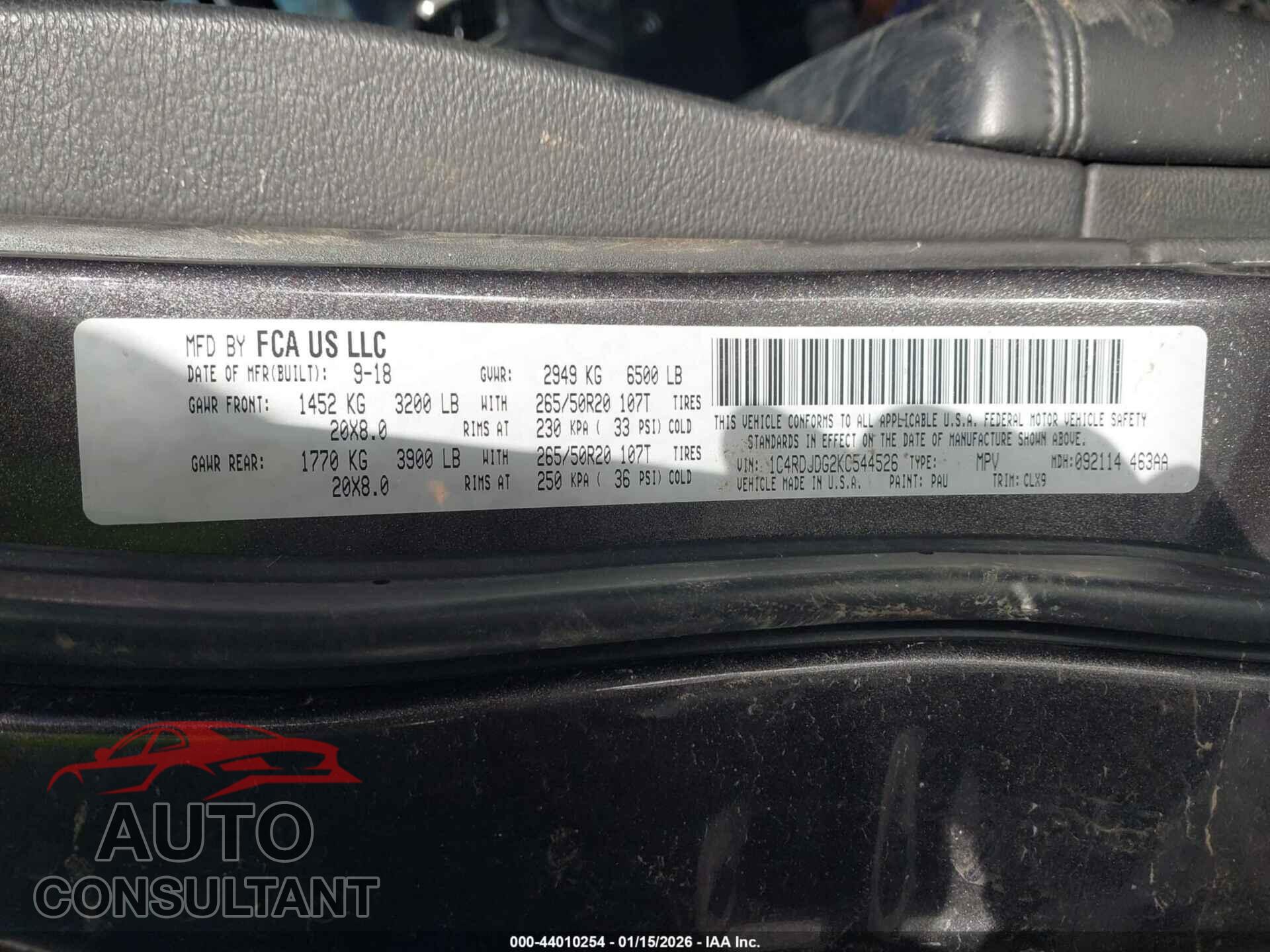 DODGE DURANGO 2019 - 1C4RDJDG2KC544526