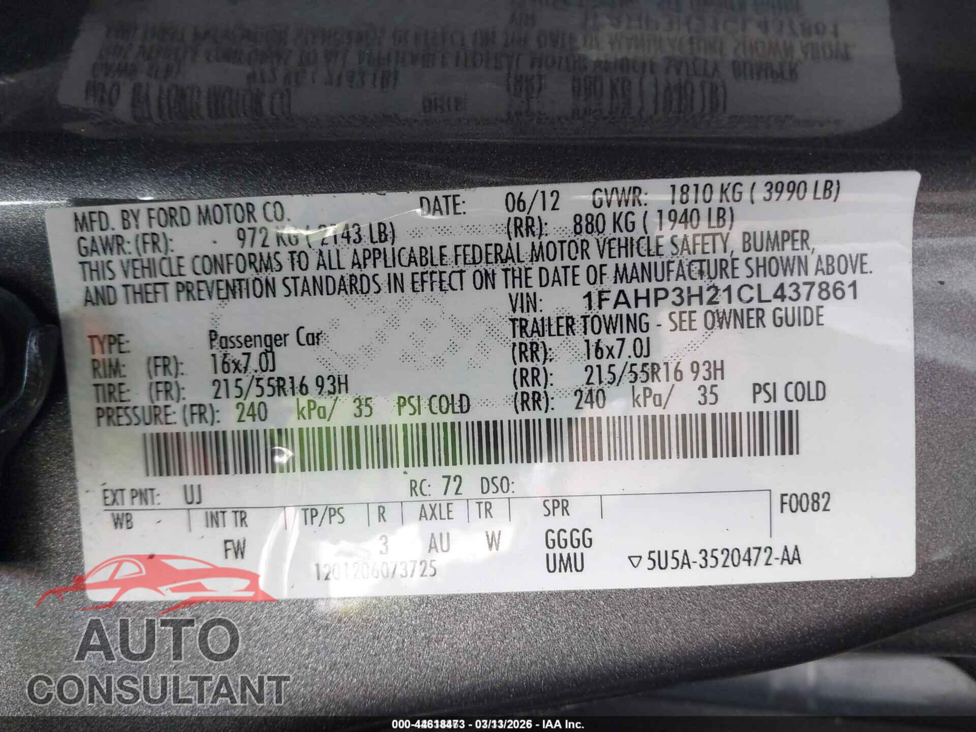 FORD FOCUS 2012 - 1FAHP3H21CL437861