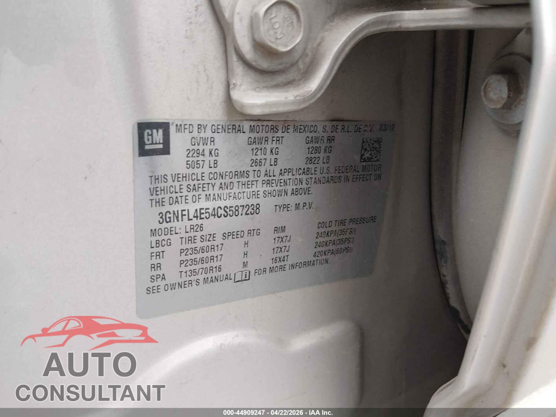 CHEVROLET CAPTIVA SPORT 2012 - 3GNFL4E54CS587238