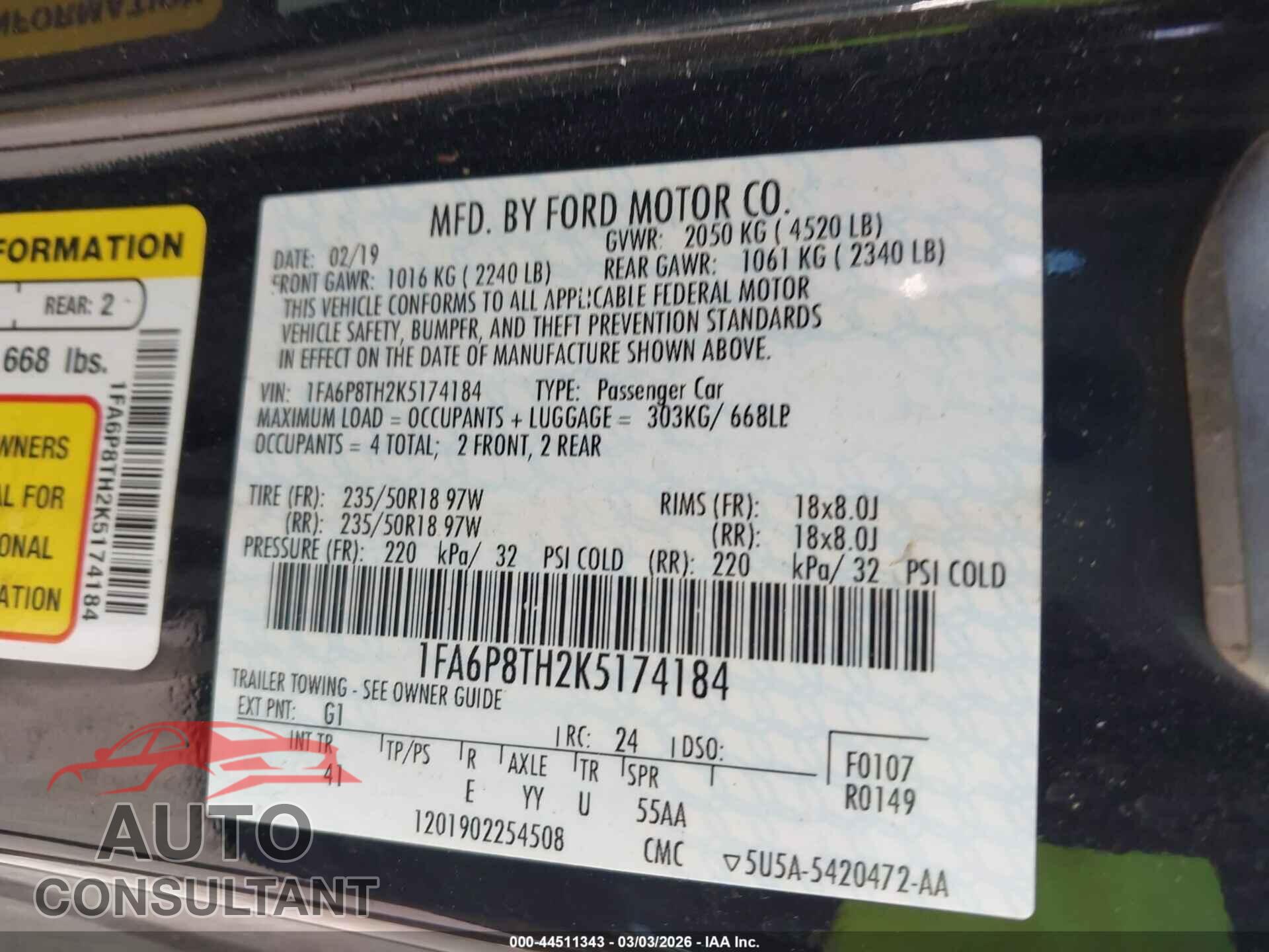 FORD MUSTANG 2019 - 1FA6P8TH2K5174184
