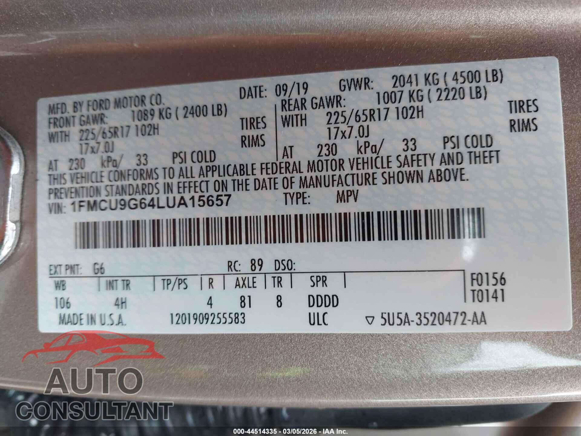 FORD ESCAPE 2020 - 1FMCU9G64LUA15657
