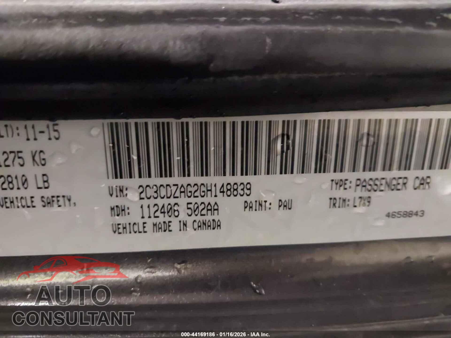 DODGE CHALLENGER 2016 - 2C3CDZAG2GH148839