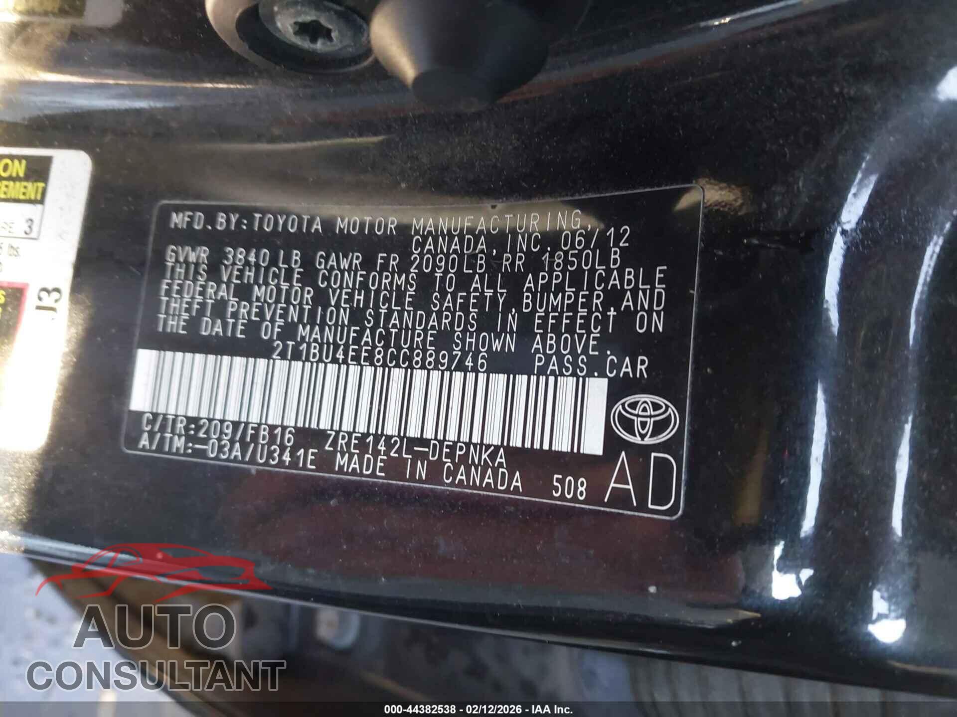 TOYOTA COROLLA 2012 - 2T1BU4EE8CC889746
