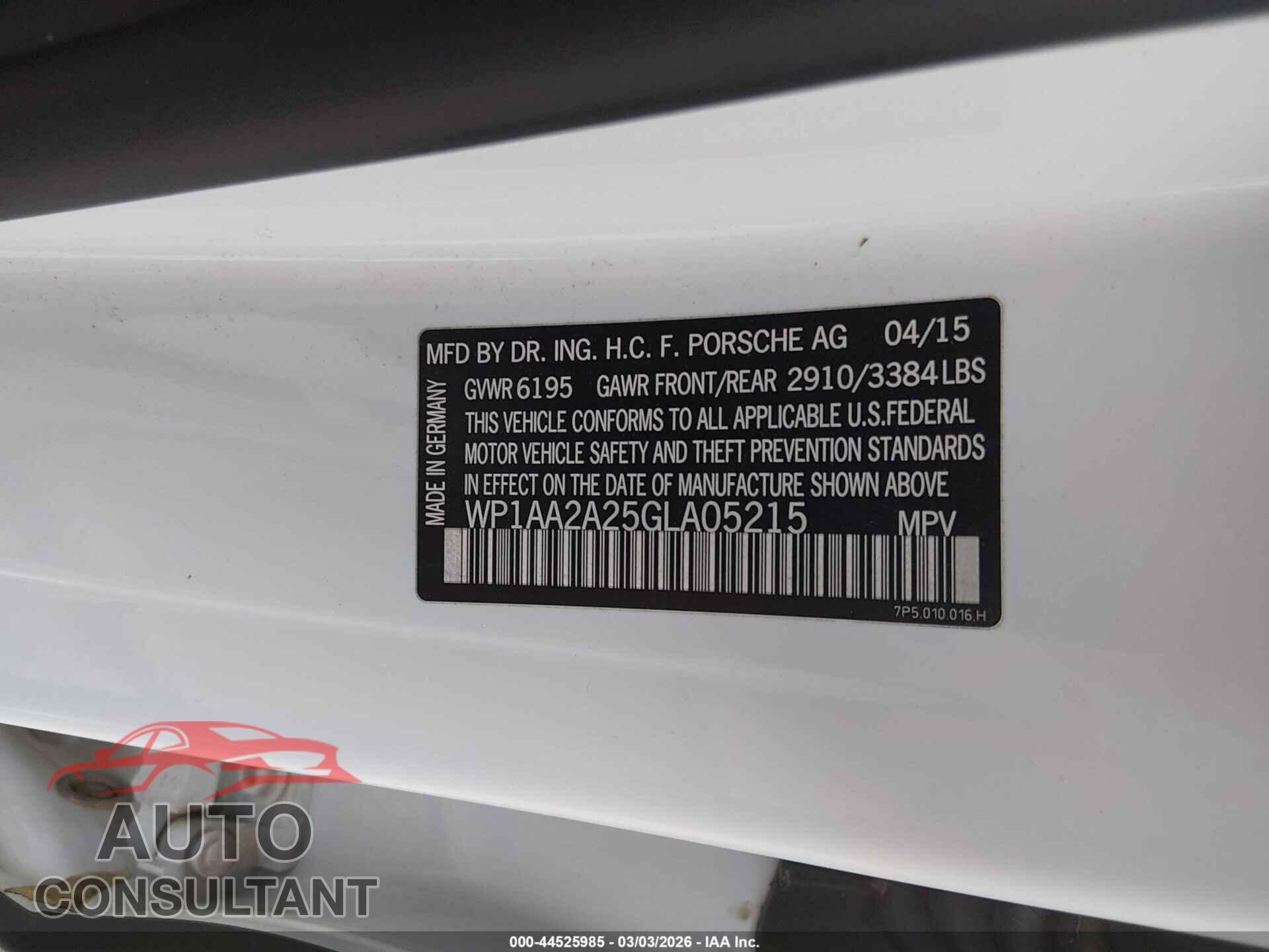 PORSCHE CAYENNE 2016 - WP1AA2A25GLA05215