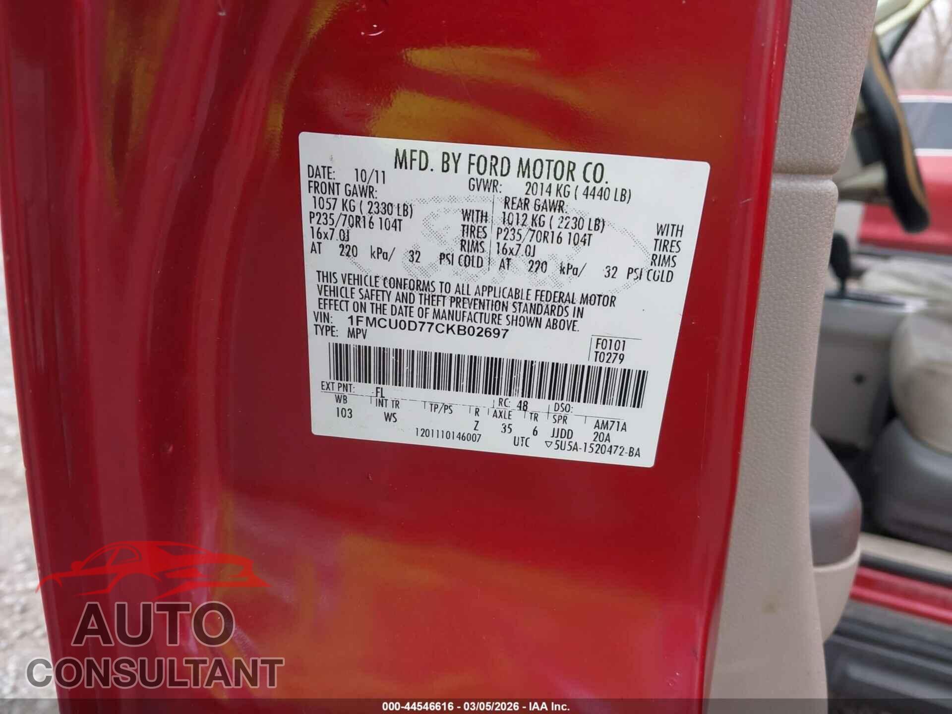FORD ESCAPE 2012 - 1FMCU0D77CKB02697