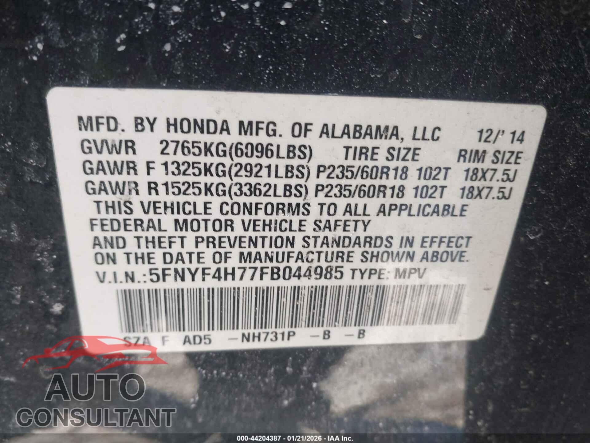 HONDA PILOT 2015 - 5FNYF4H77FB044985