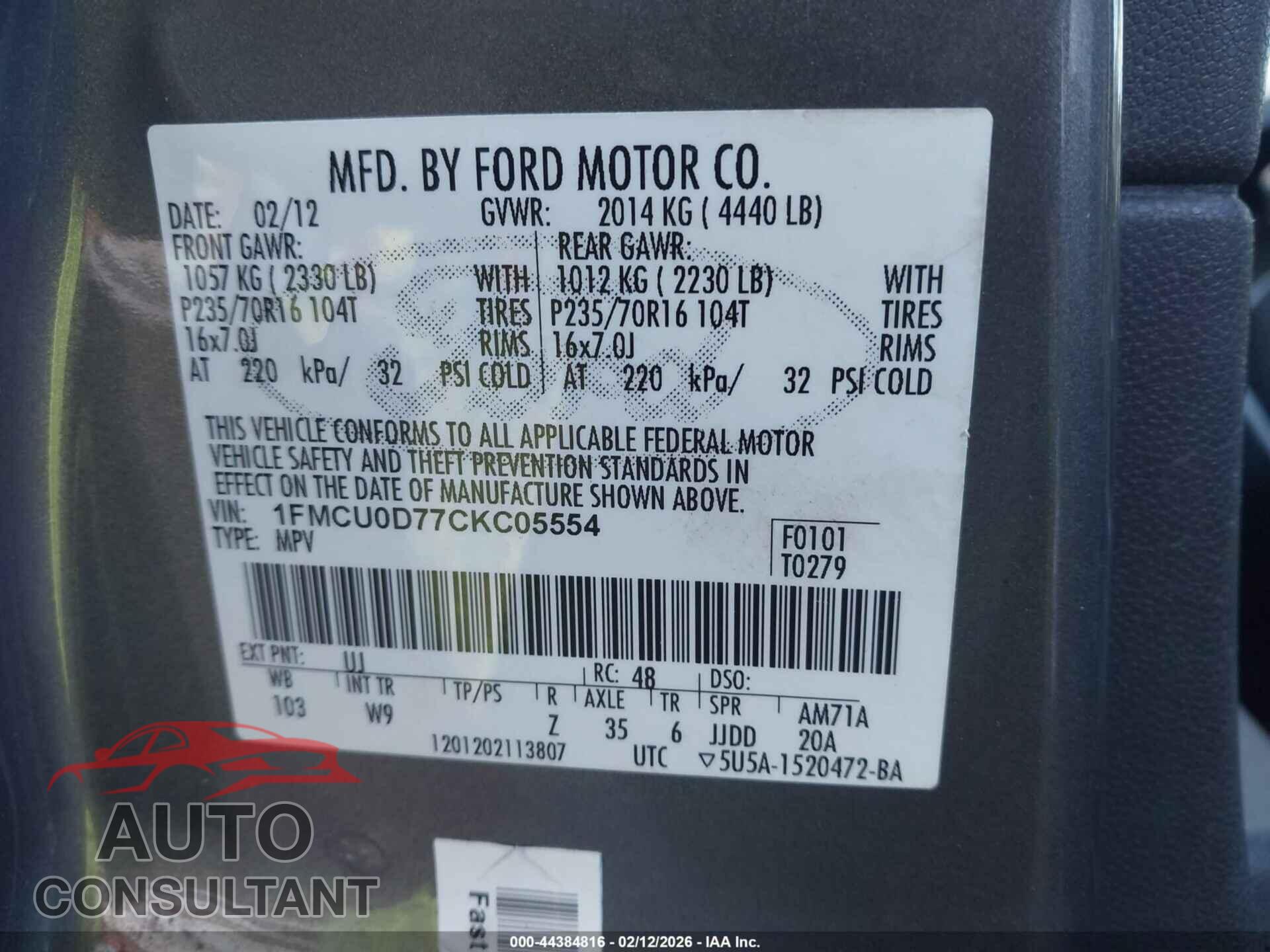 FORD ESCAPE 2012 - 1FMCU0D77CKC05554