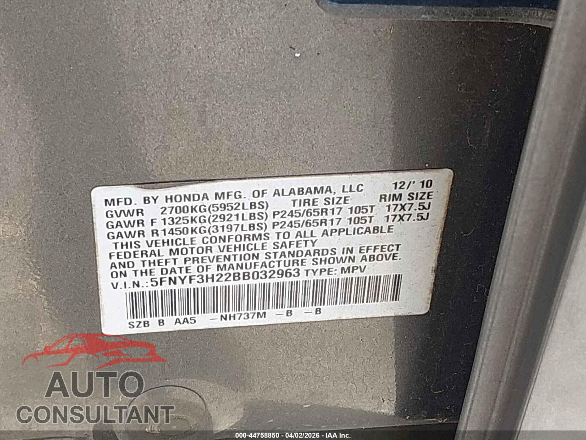 HONDA PILOT 2011 - 5FNYF3H22BB032963