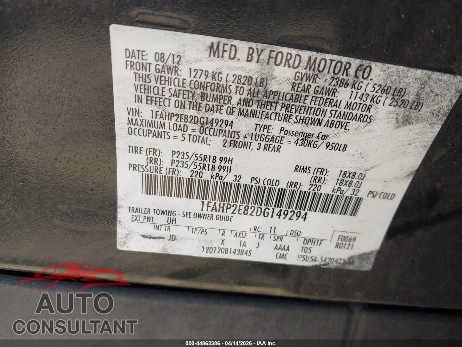 FORD TAURUS 2013 - 1FAHP2E82DG149294