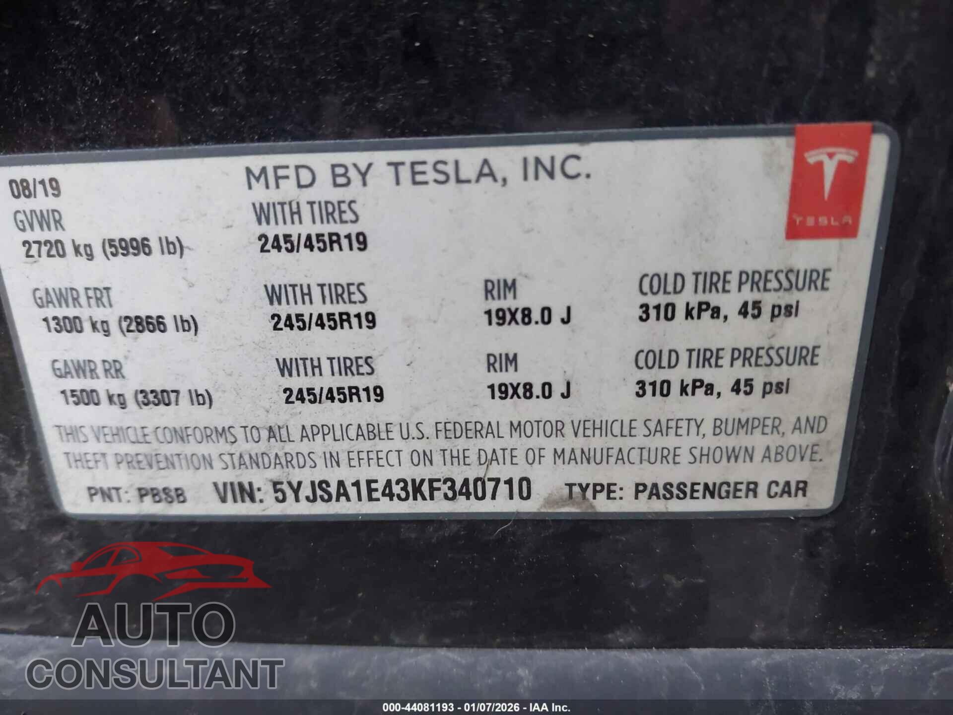 TESLA MODEL S 2019 - 5YJSA1E43KF340710