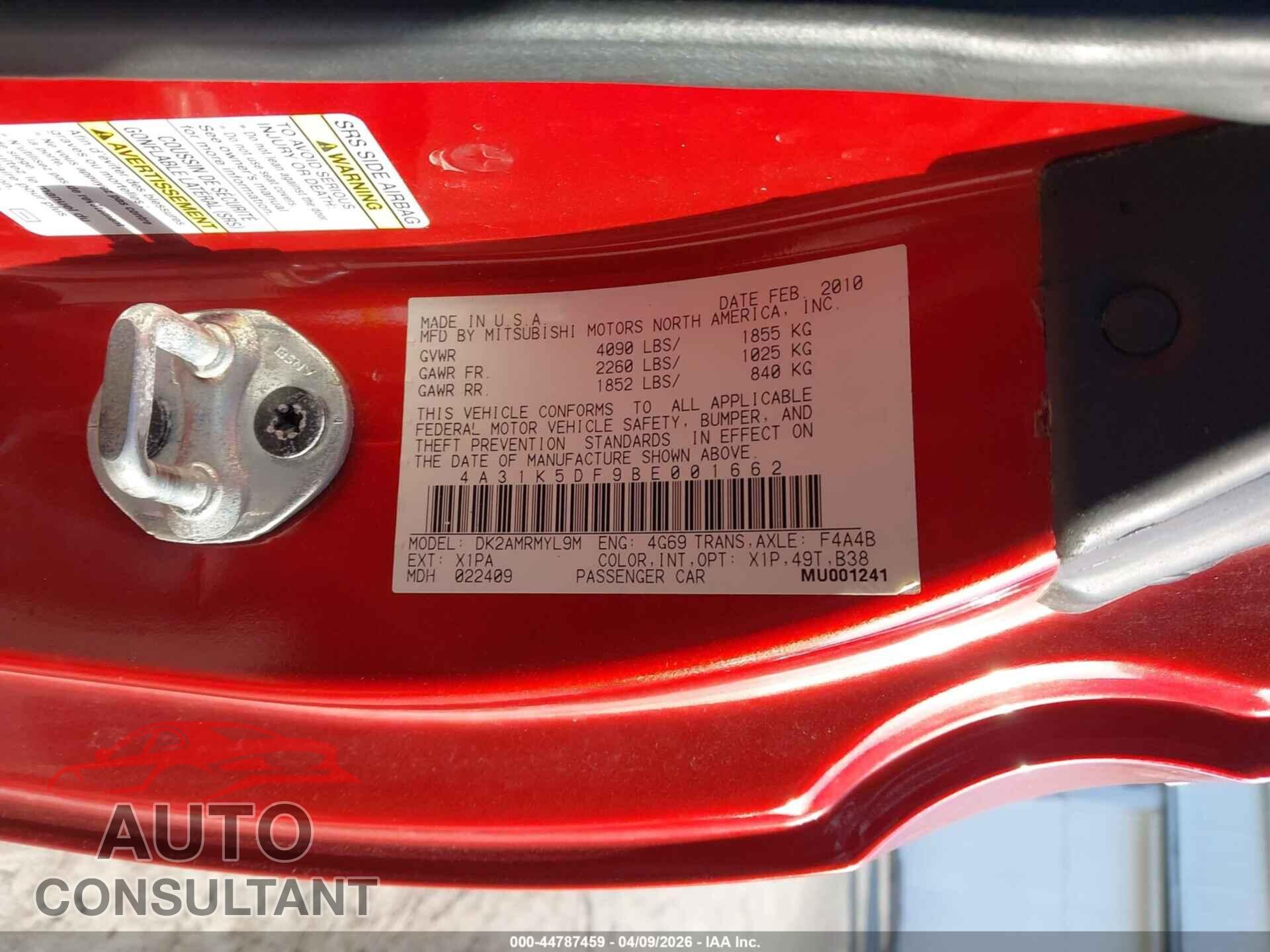 MITSUBISHI ECLIPSE 2011 - 4A31K5DF9BE001662