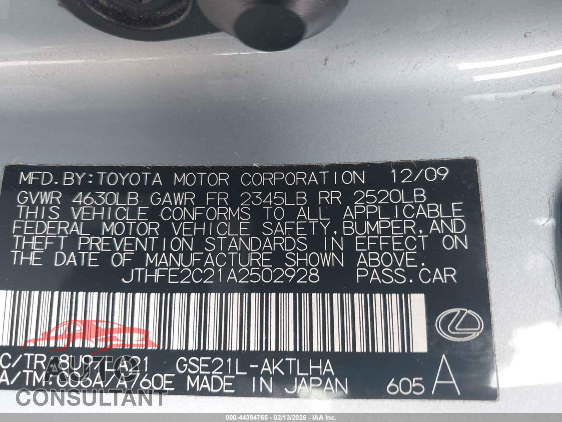 LEXUS IS 350C 2010 - JTHFE2C21A2502928