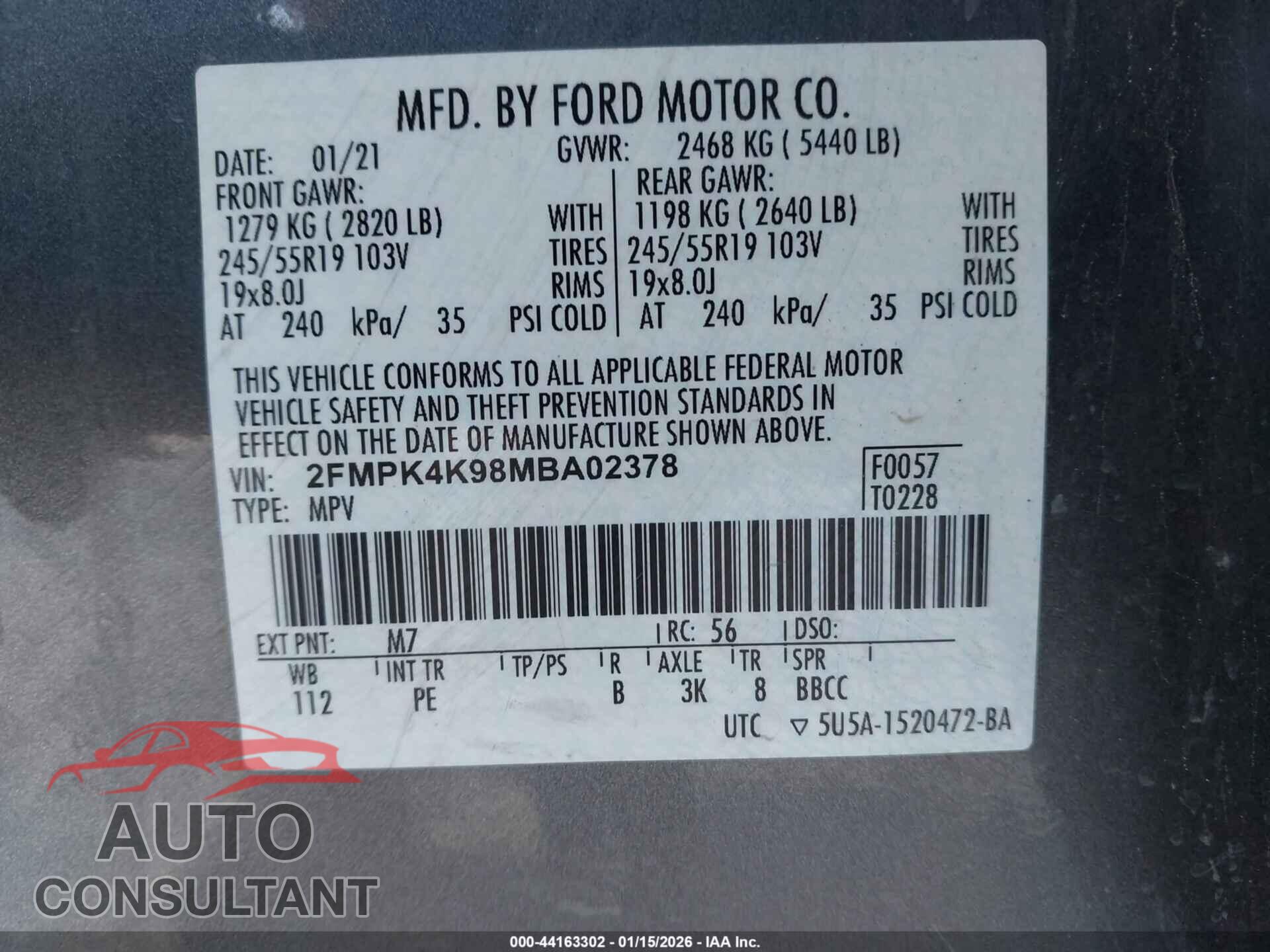 FORD EDGE 2021 - 2FMPK4K98MBA02378