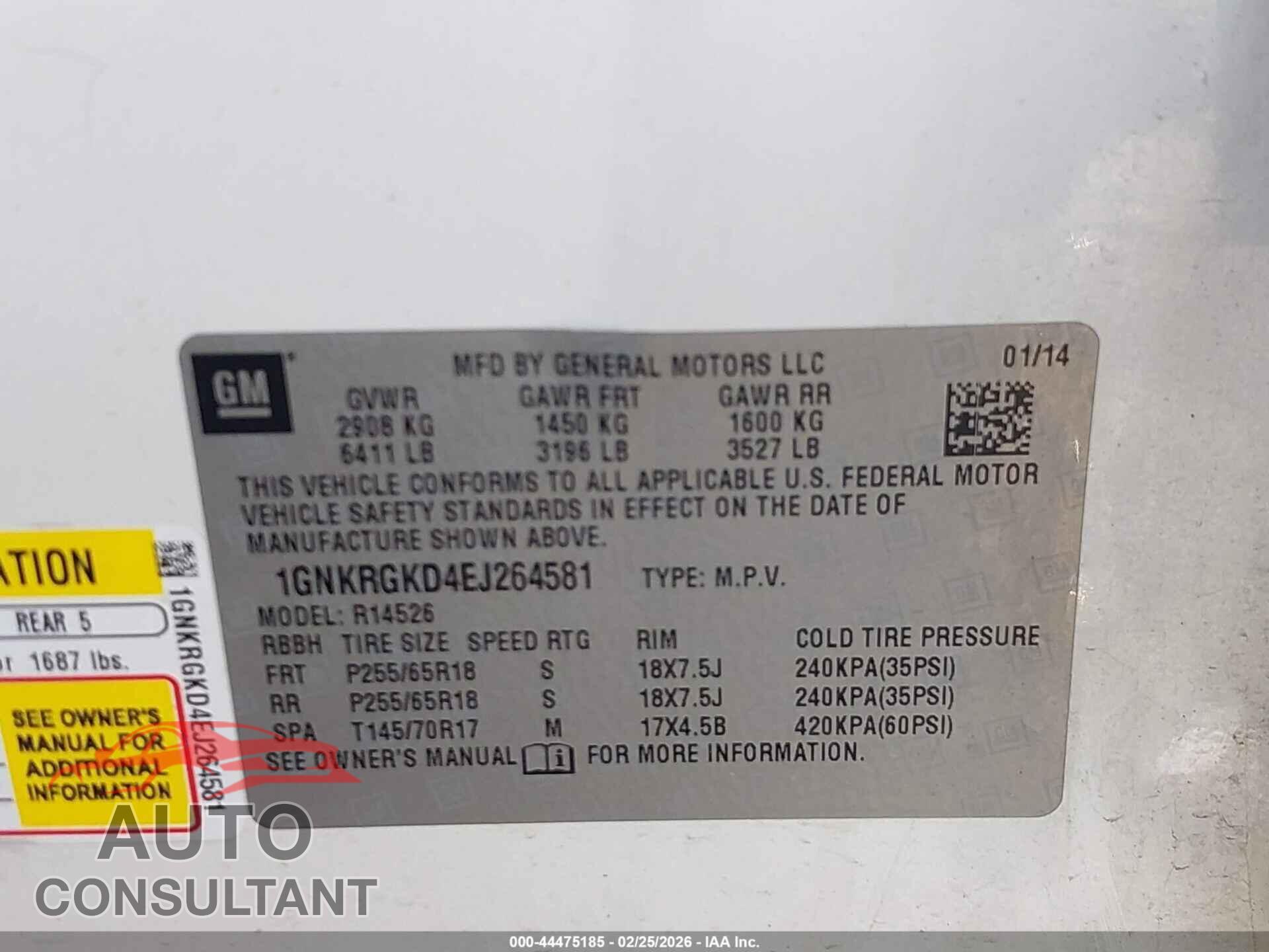 CHEVROLET TRAVERSE 2014 - 1GNKRGKD4EJ264581