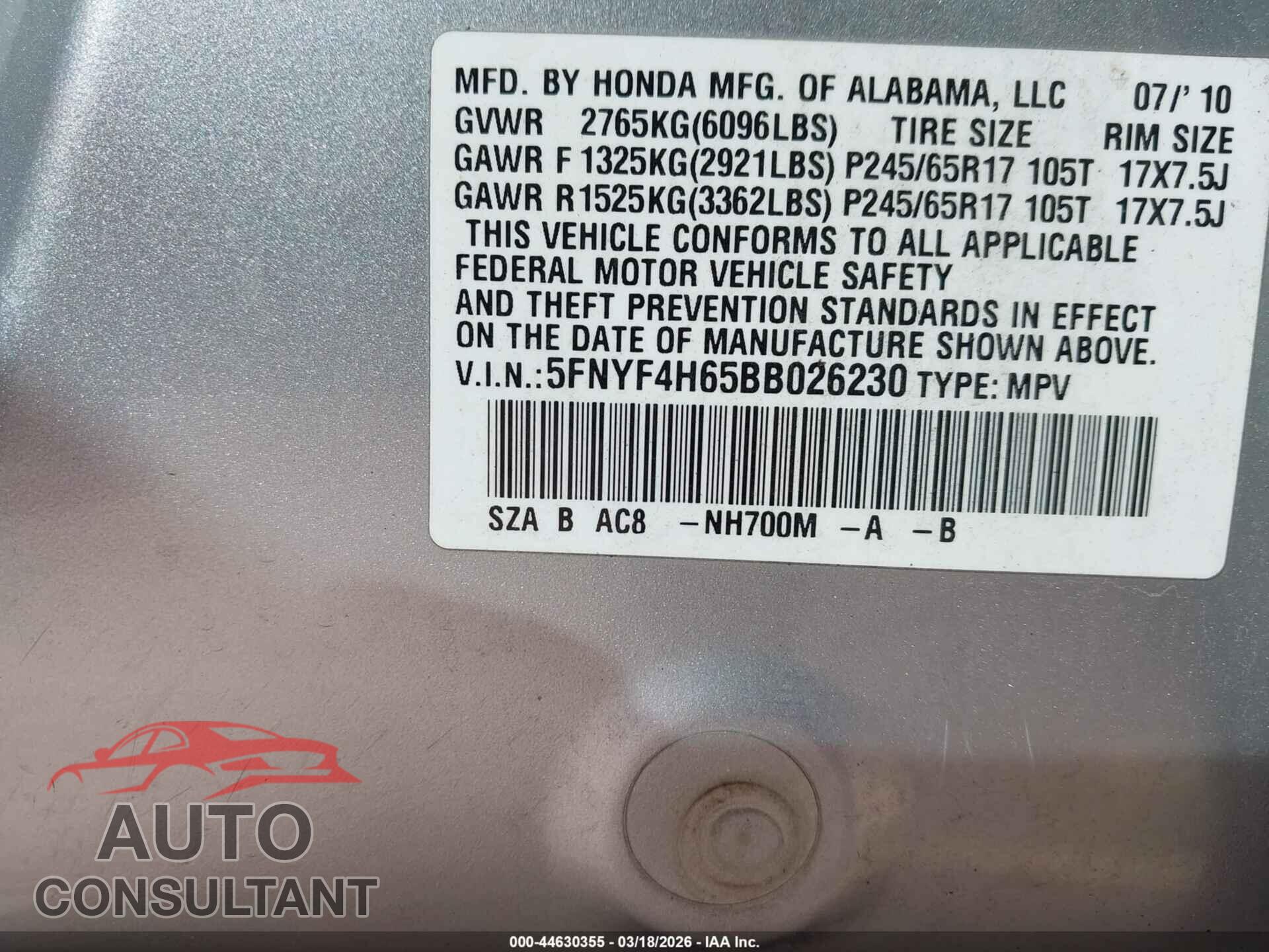 HONDA PILOT 2011 - 5FNYF4H65BB026230