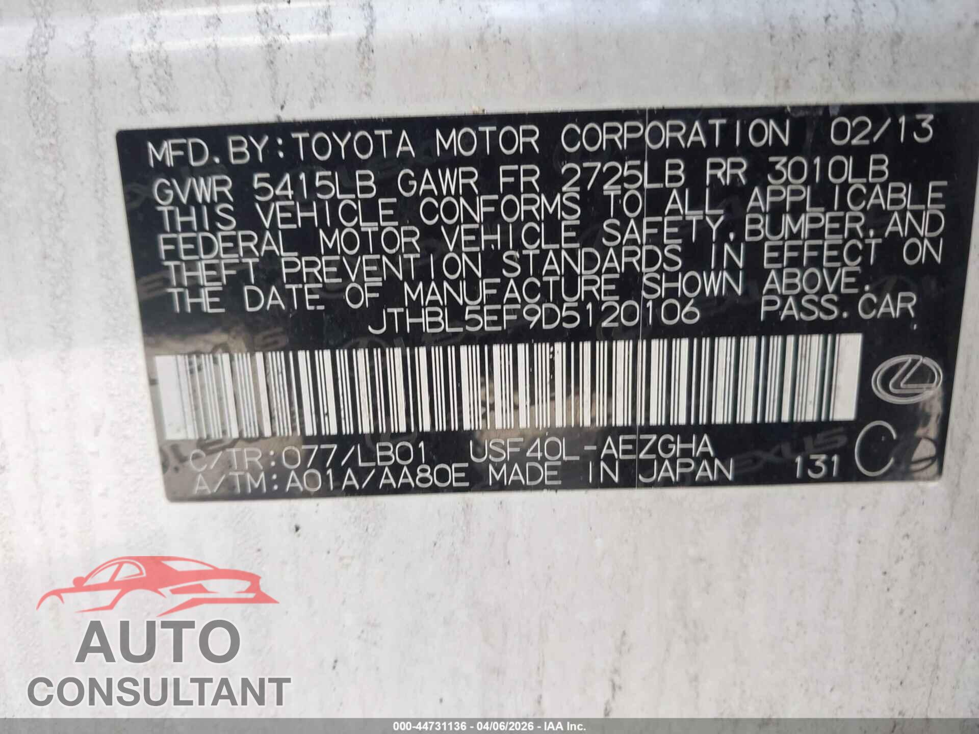 LEXUS LS 460 2013 - JTHBL5EF9D5120106