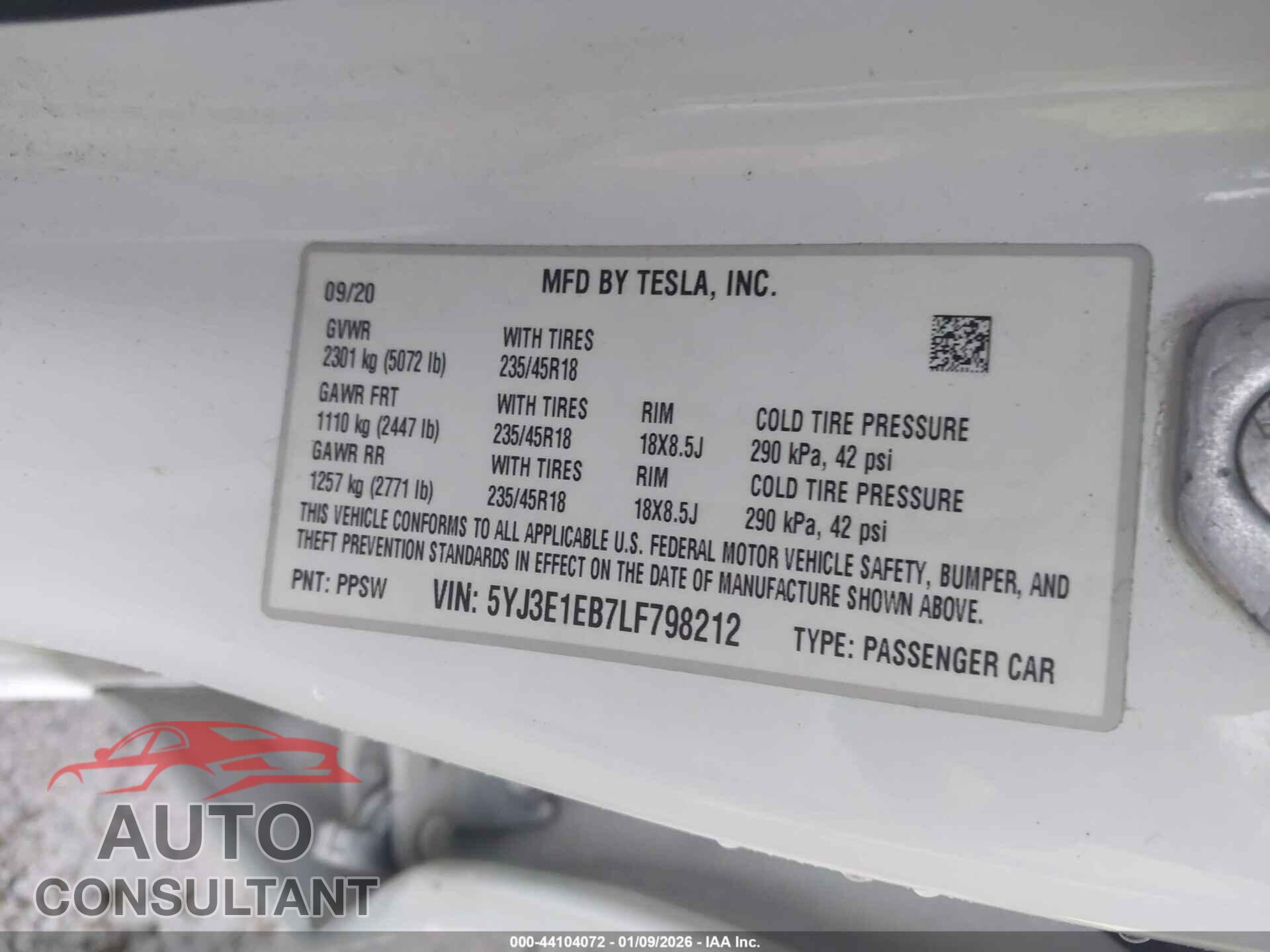 TESLA MODEL 3 2020 - 5YJ3E1EB7LF798212