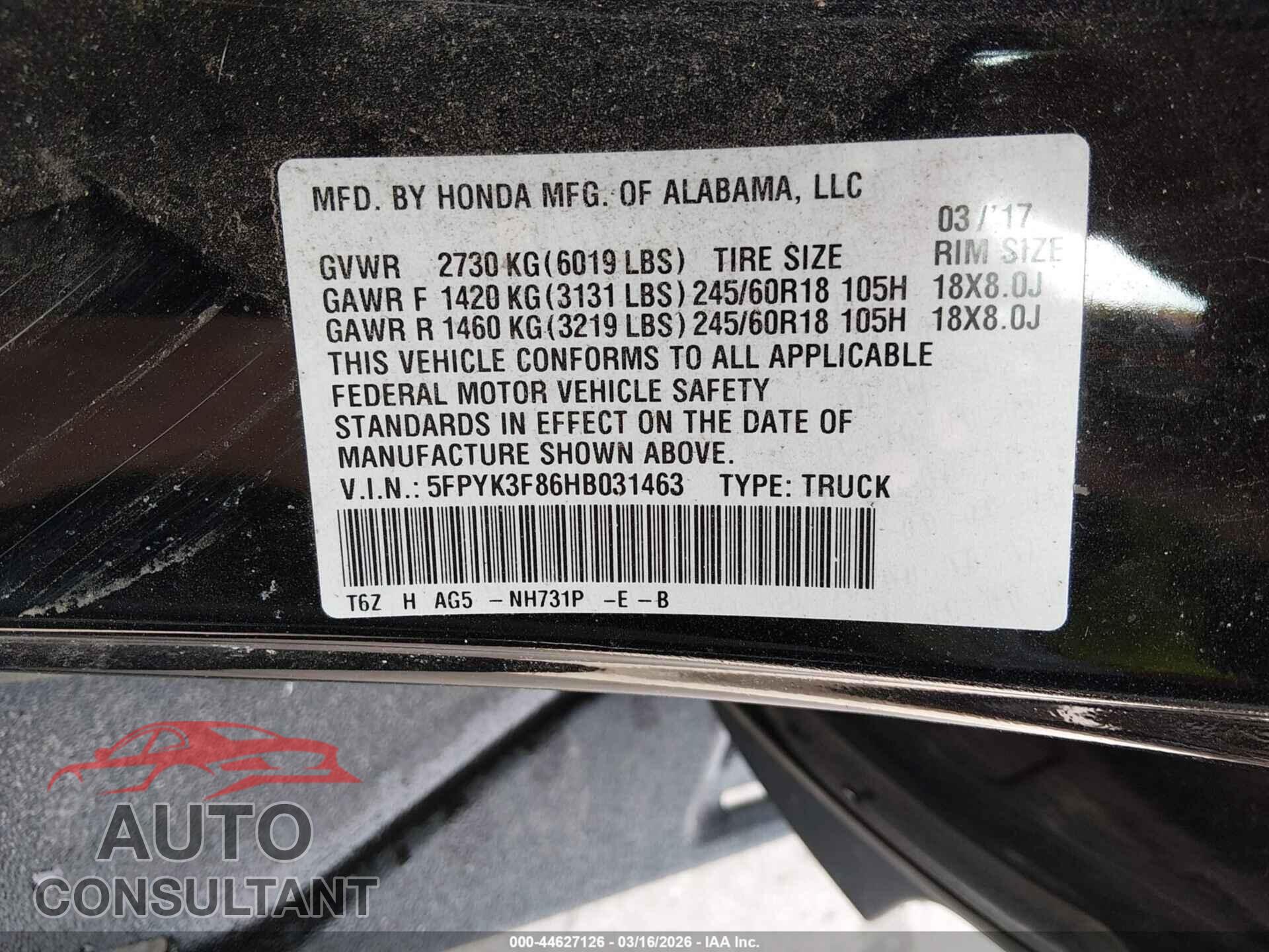HONDA RIDGELINE 2017 - 5FPYK3F86HB031463