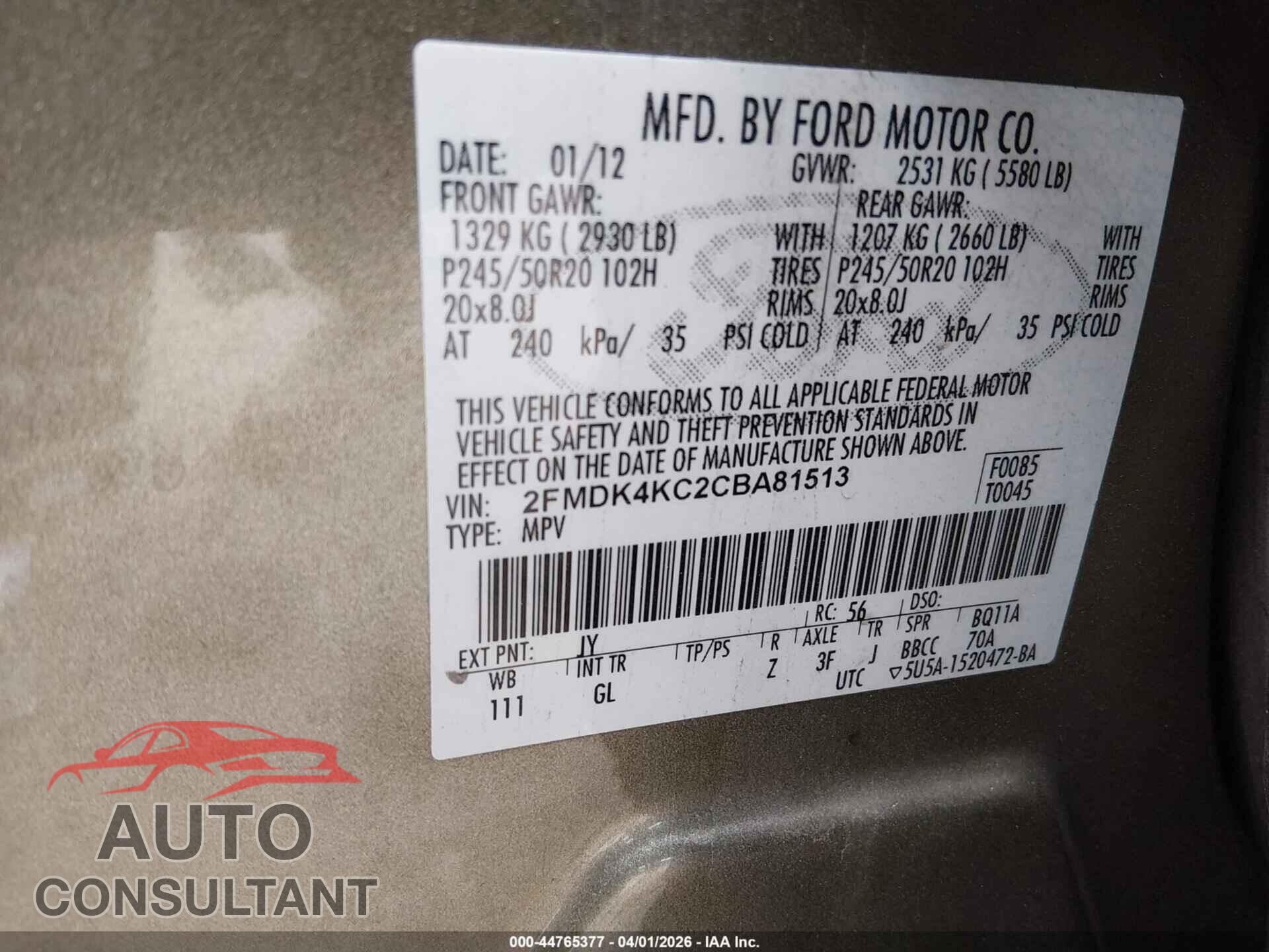 FORD EDGE 2012 - 2FMDK4KC2CBA81513