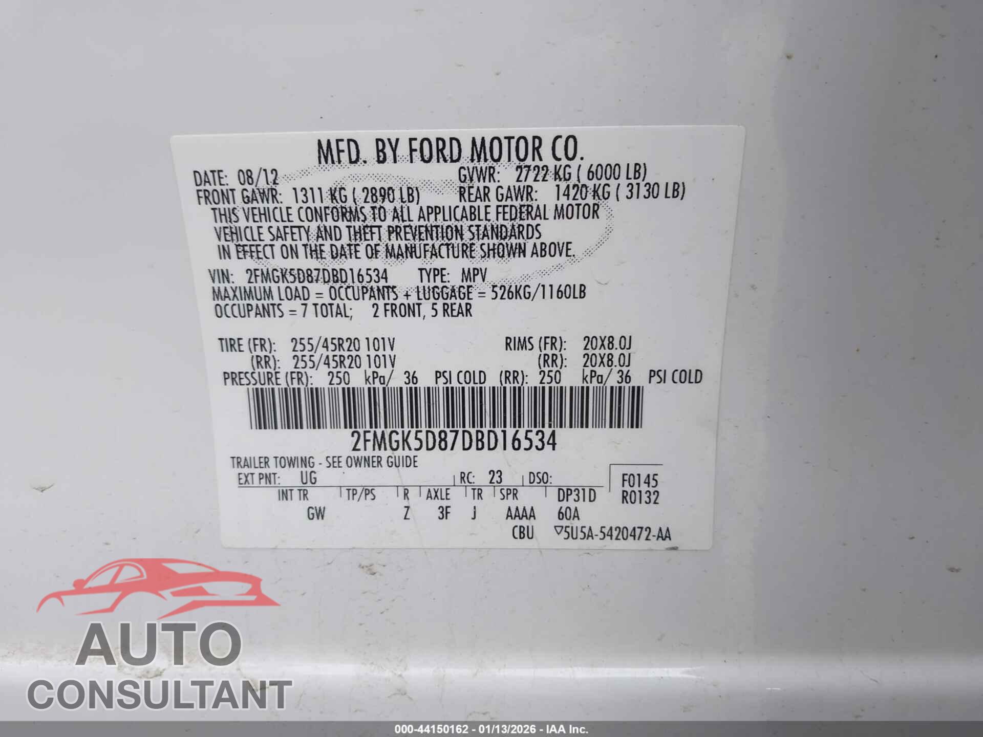 FORD FLEX 2013 - 2FMGK5D87DBD16534