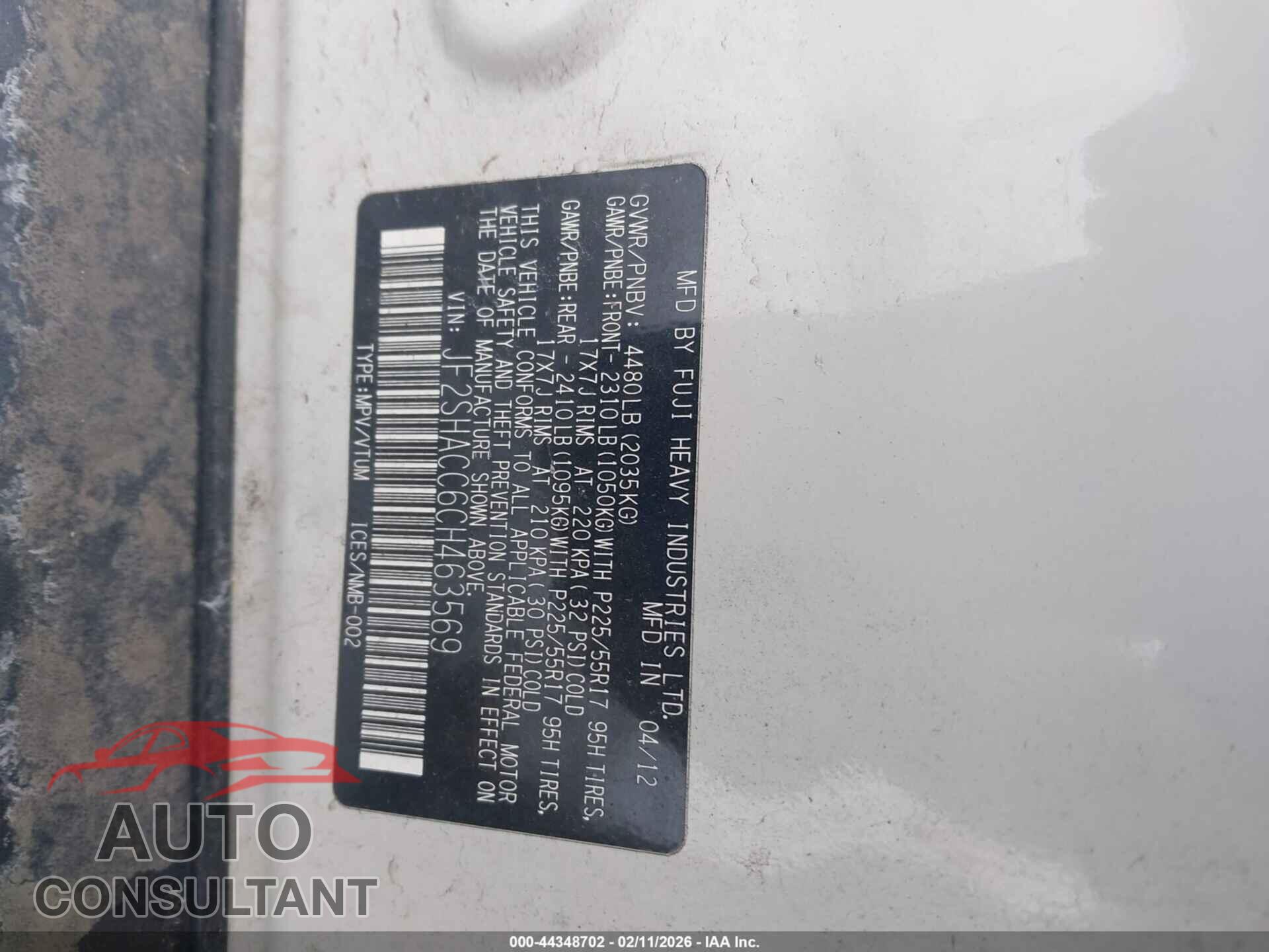 SUBARU FORESTER 2012 - JF2SHACC6CH463569