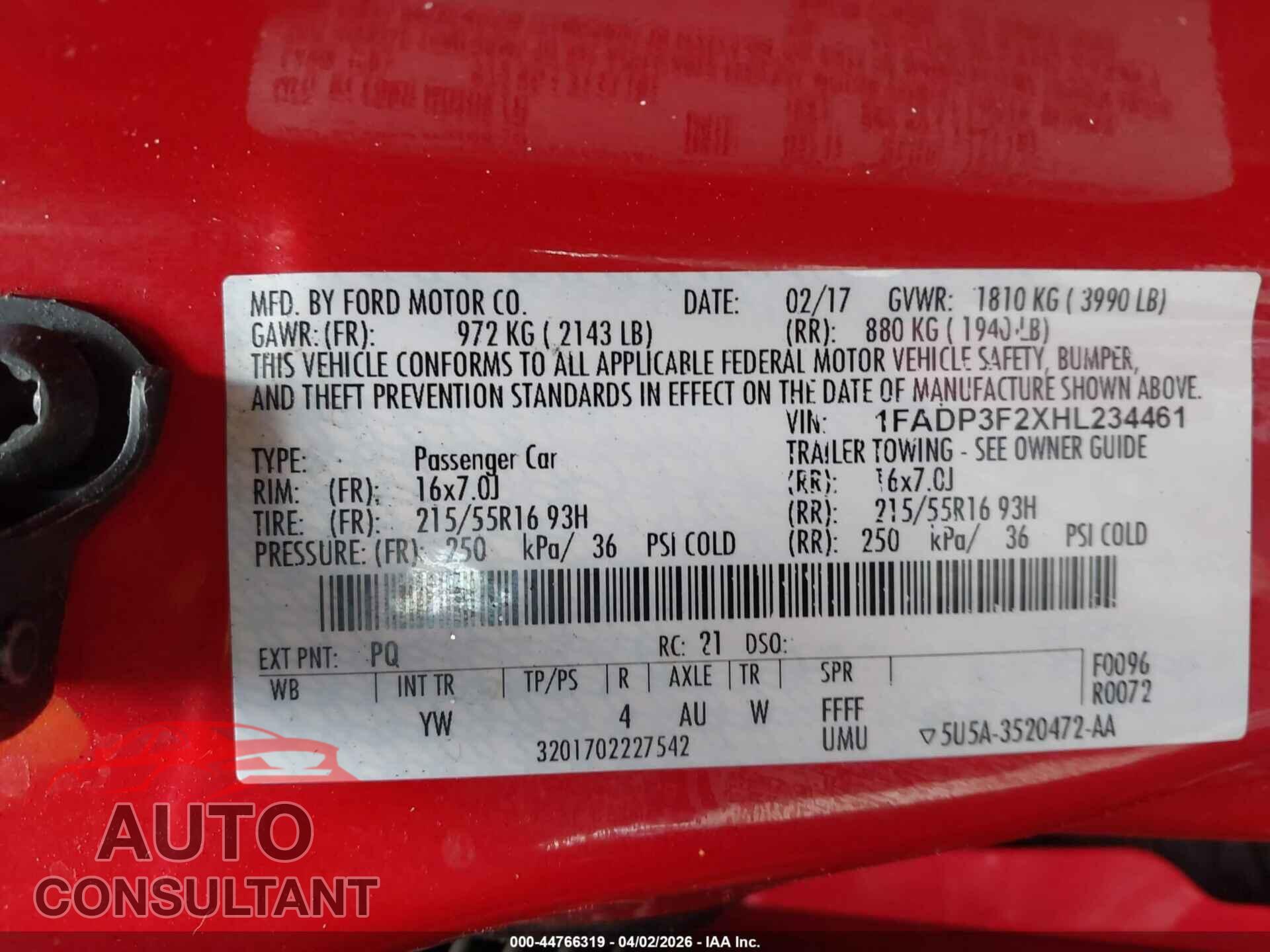 FORD FOCUS 2017 - 1FADP3F2XHL234461