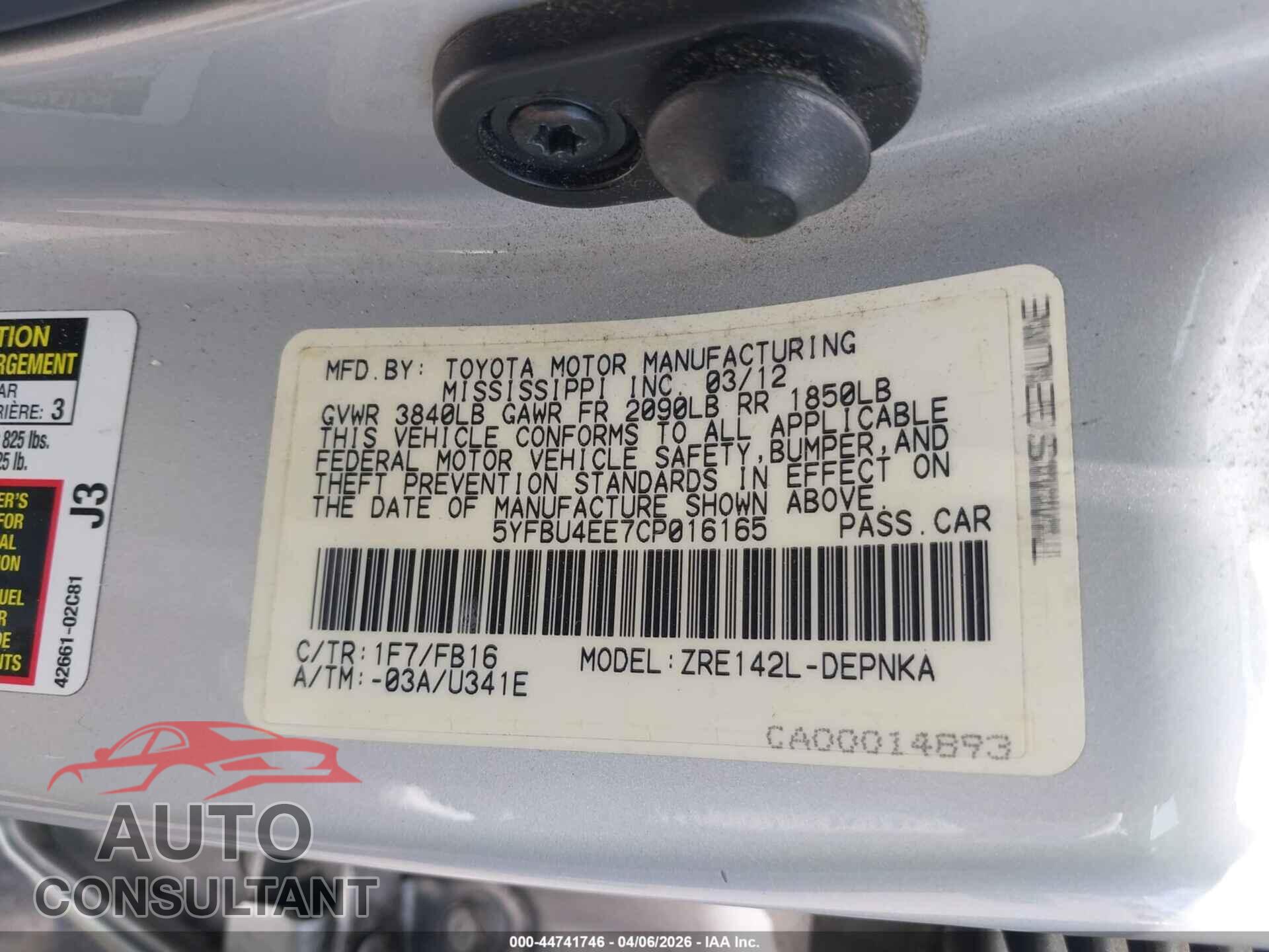 TOYOTA COROLLA 2012 - 5YFBU4EE7CP016165