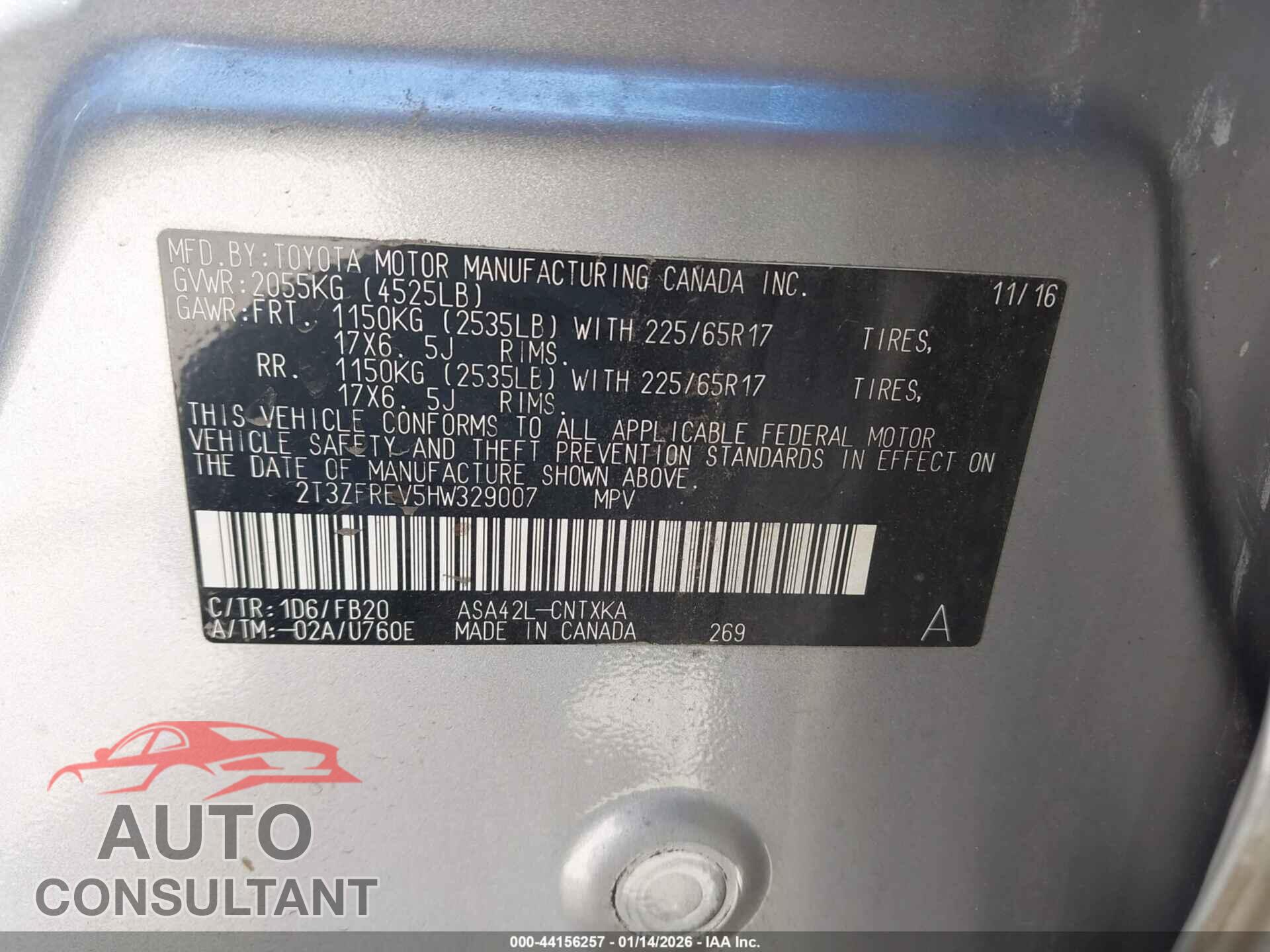 TOYOTA RAV4 2017 - 2T3ZFREV5HW329007
