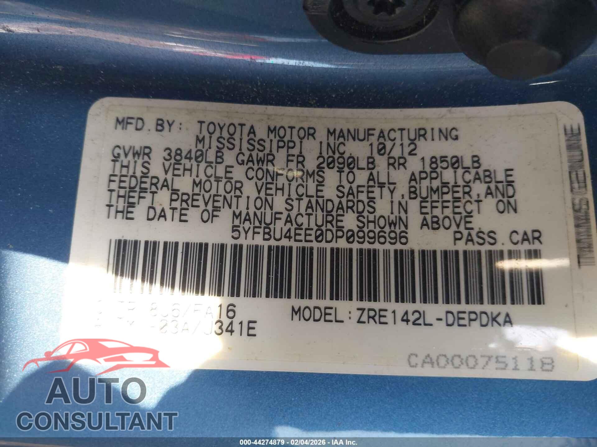 TOYOTA COROLLA 2013 - 5YFBU4EE0DP099696