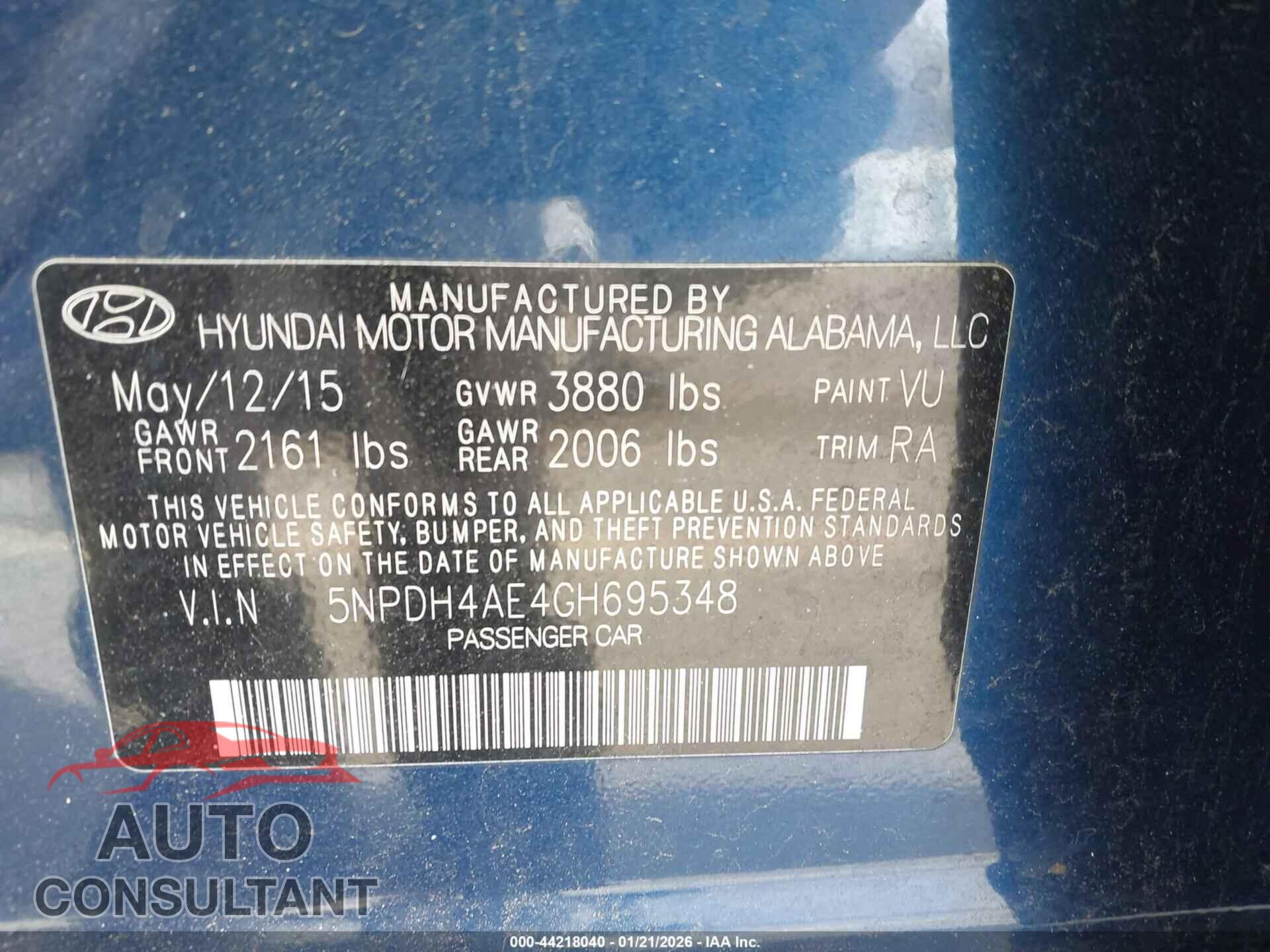 HYUNDAI ELANTRA 2016 - 5NPDH4AE4GH695348