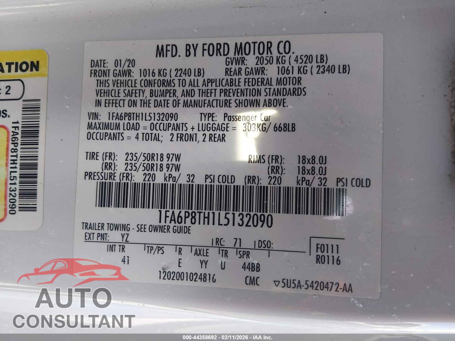 FORD MUSTANG 2020 - 1FA6P8TH1L5132090