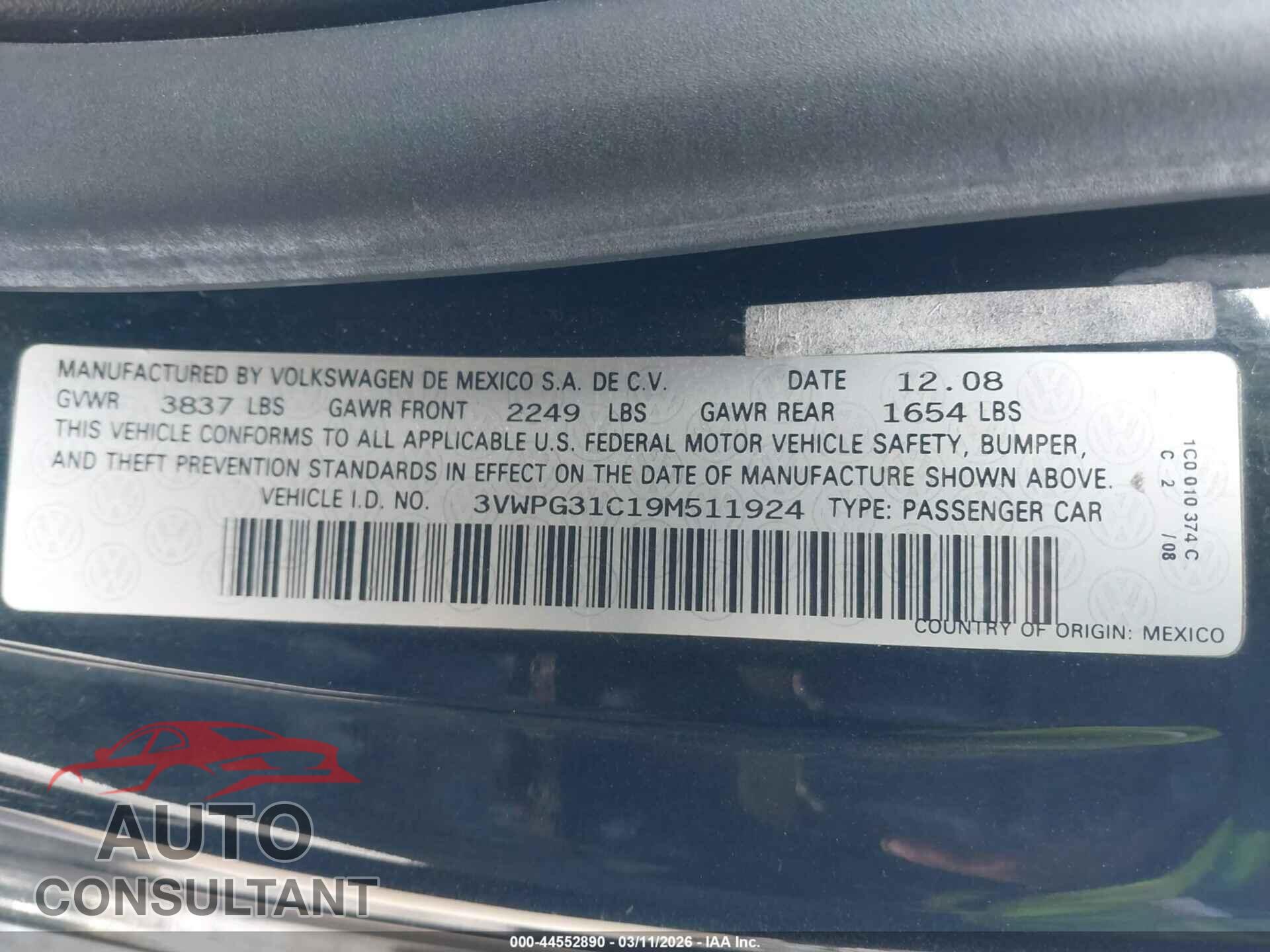 VOLKSWAGEN NEW BEETLE 2009 - 3VWPG31C19M511924