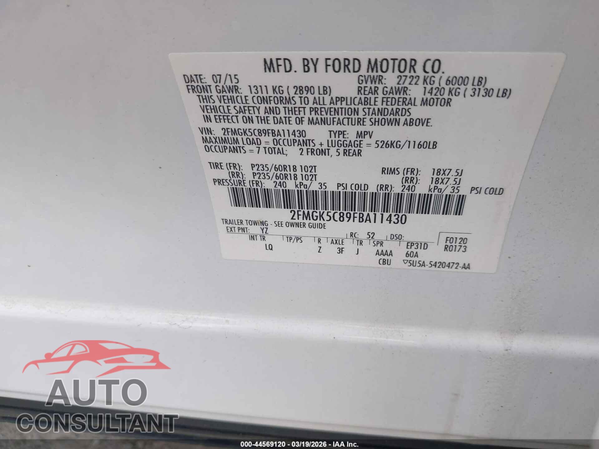 FORD FLEX 2015 - 2FMGK5C89FBA11430