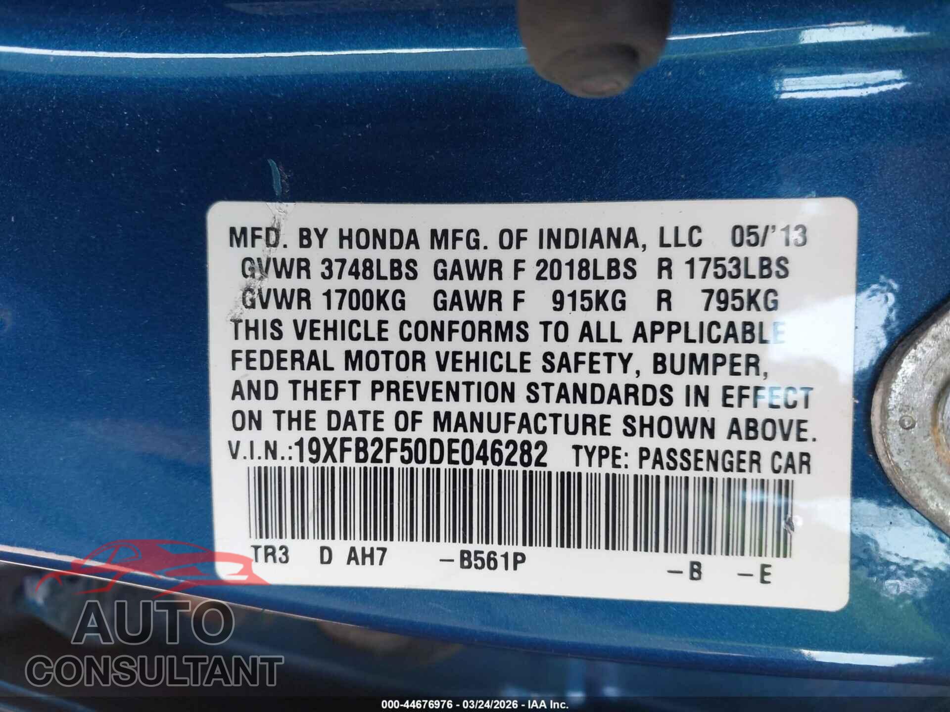 HONDA CIVIC 2013 - 19XFB2F50DE046282