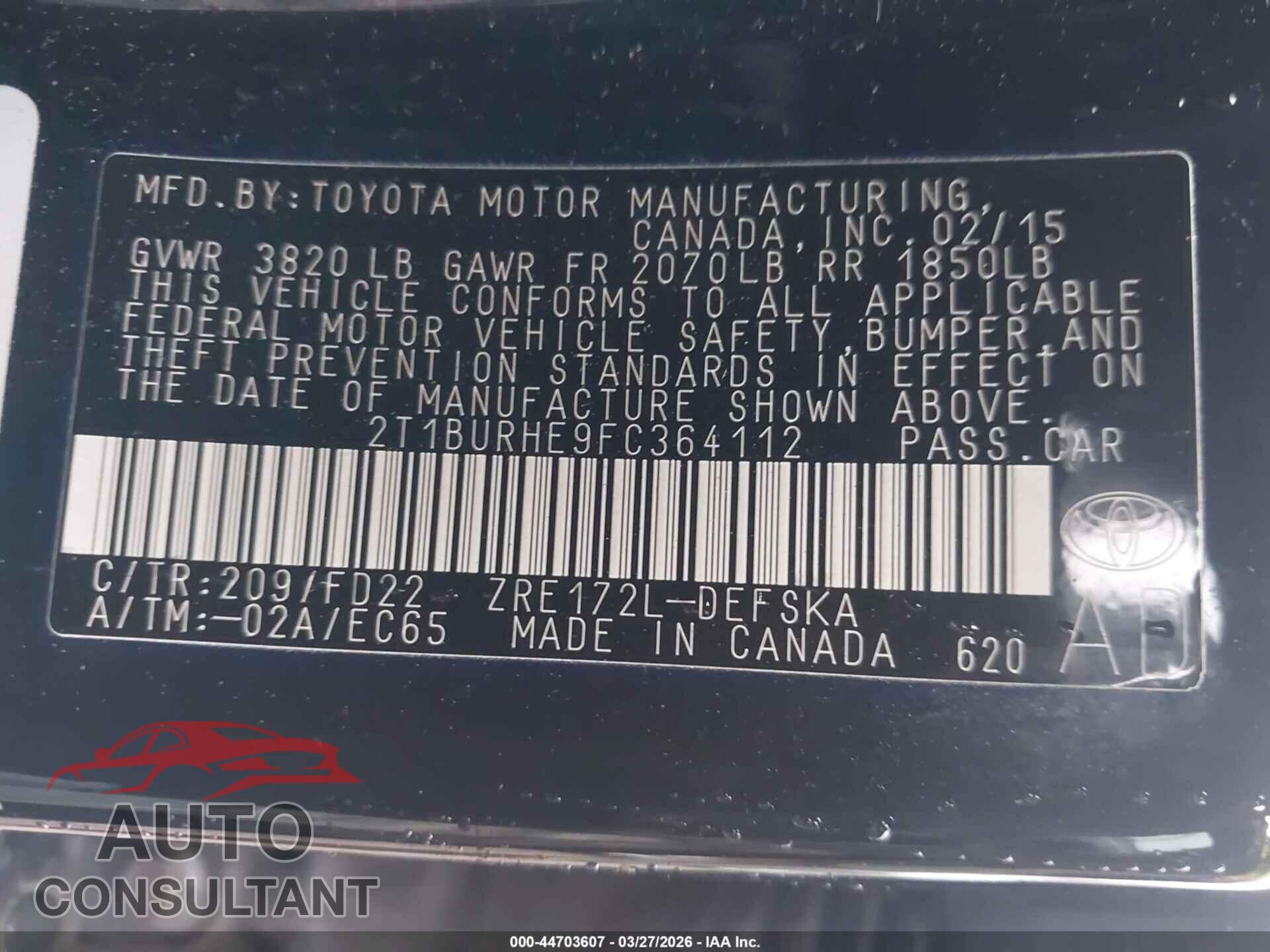 TOYOTA COROLLA 2015 - 2T1BURHE9FC364112